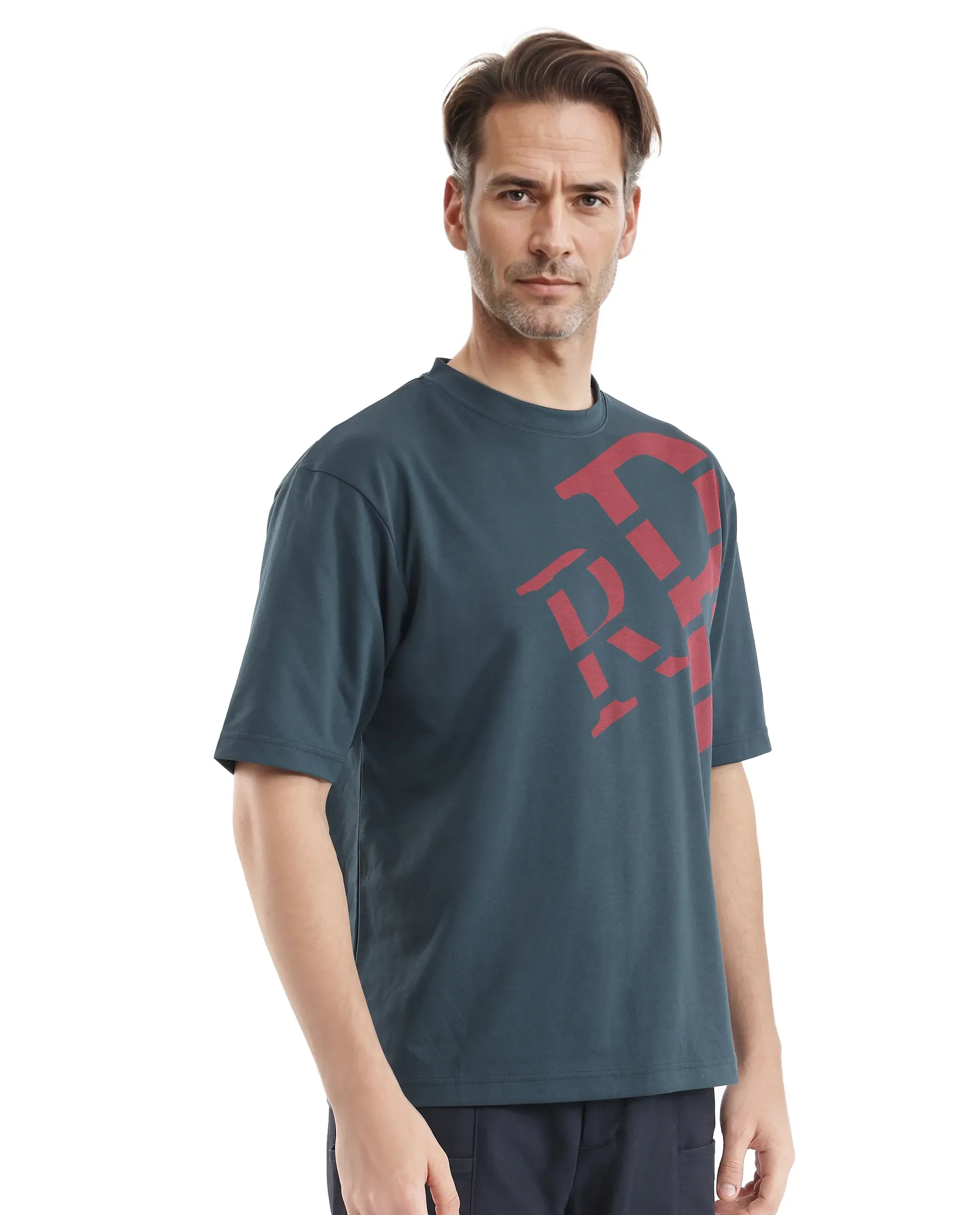 Rare Rabbit Men's Feat Teal Cotton Graphic Print Oversized Fit Half Sleeve Crew Neck T-Shirt - Image 8