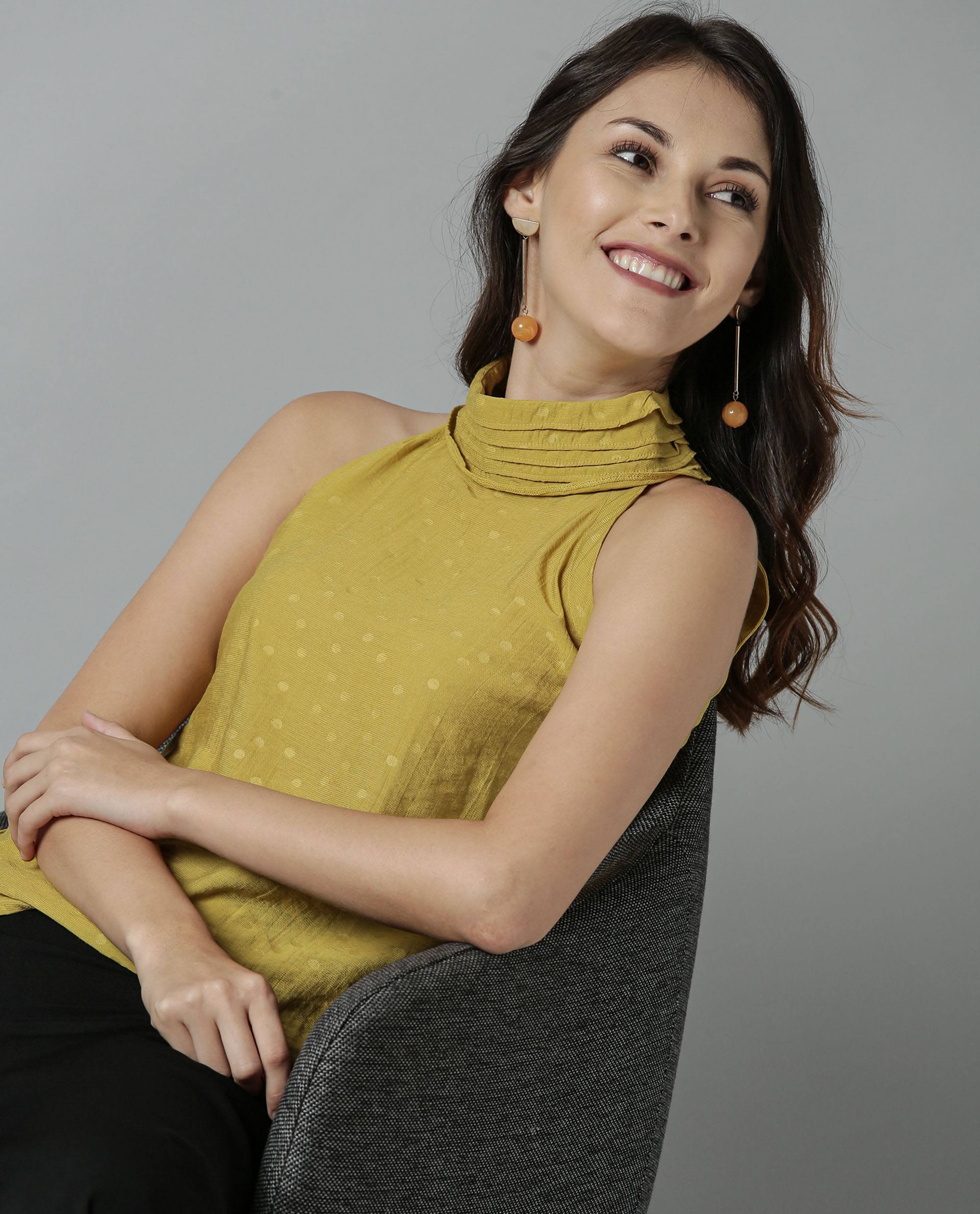 Rareism Women Feather Yellow Top Sleeveless