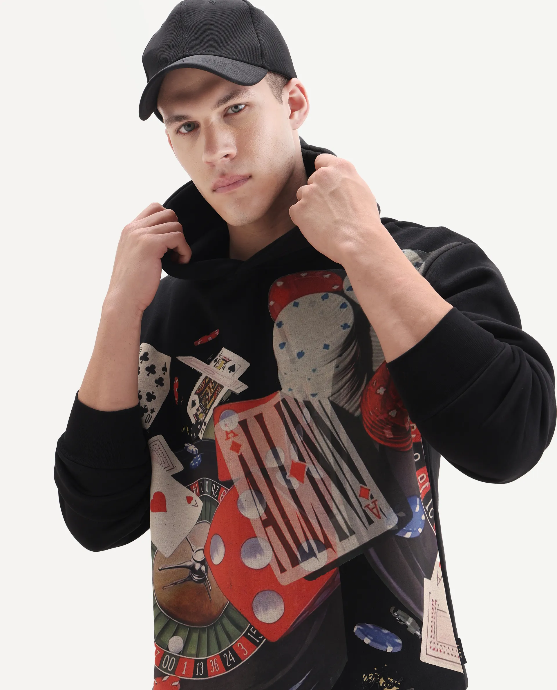 Rare Rabbit Men's Febo Black Cotton Blend Fabric Full Sleeves Hooded Graphic Print Sweatshirt