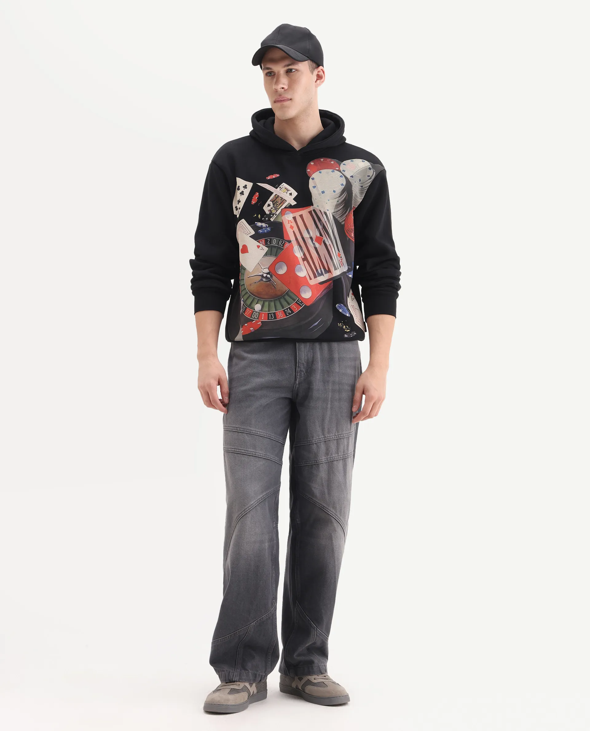 Rare Rabbit Men's Febo Black Cotton Blend Fabric Full Sleeves Hooded Graphic Print Sweatshirt - Image 2