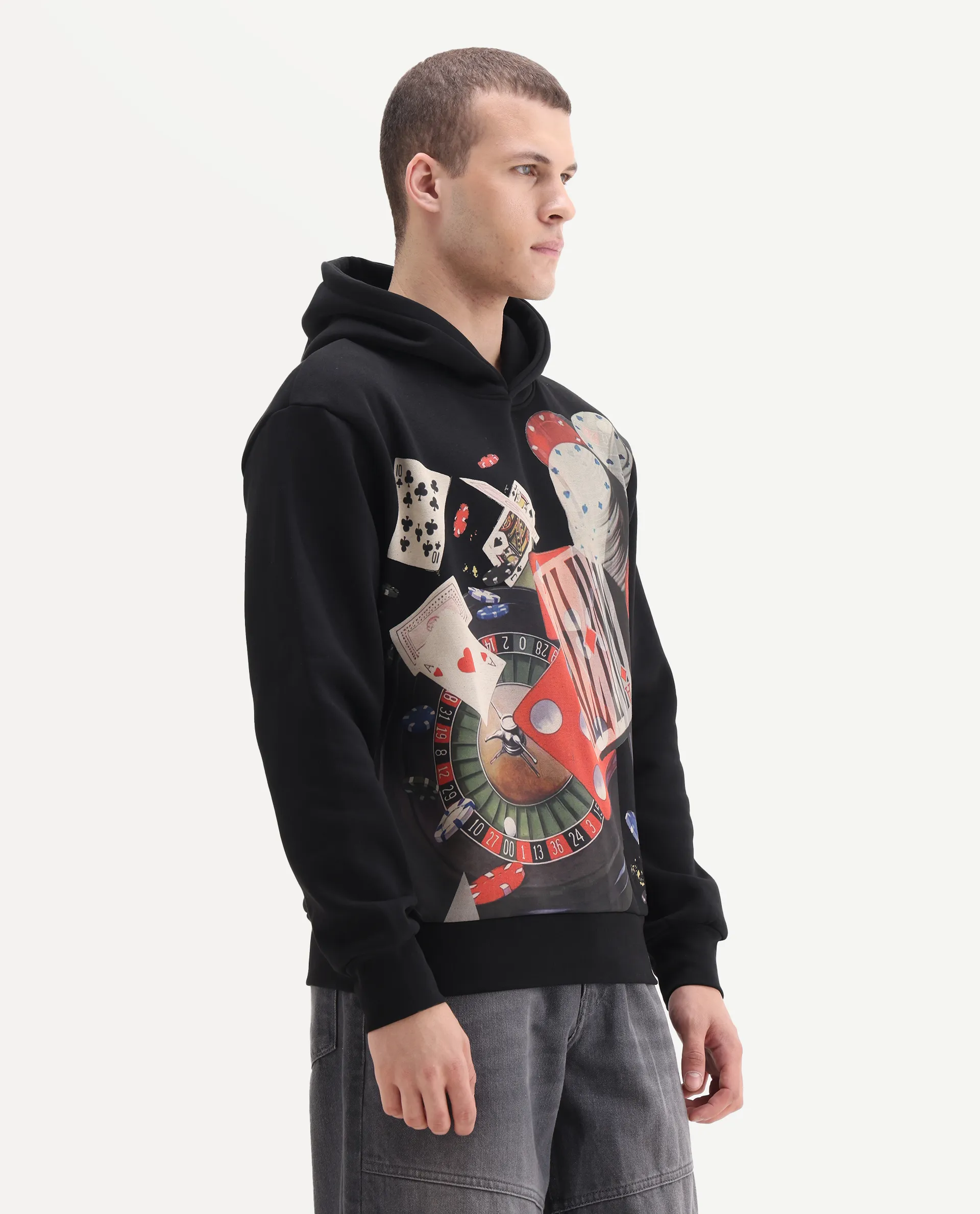 Rare Rabbit Men's Febo Black Cotton Blend Fabric Full Sleeves Hooded Graphic Print Sweatshirt - Image 4
