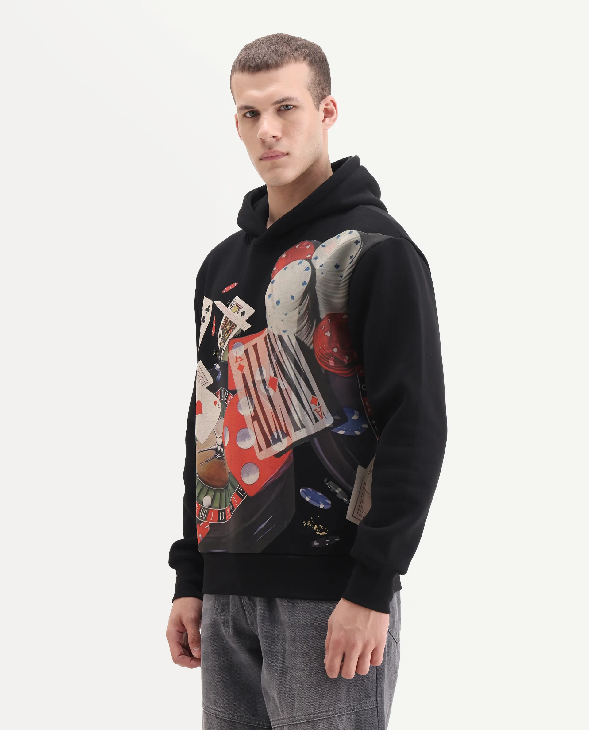 Rare Rabbit Men's Febo Black Cotton Blend Fabric Full Sleeves Hooded Graphic Print Sweatshirt - Image 5