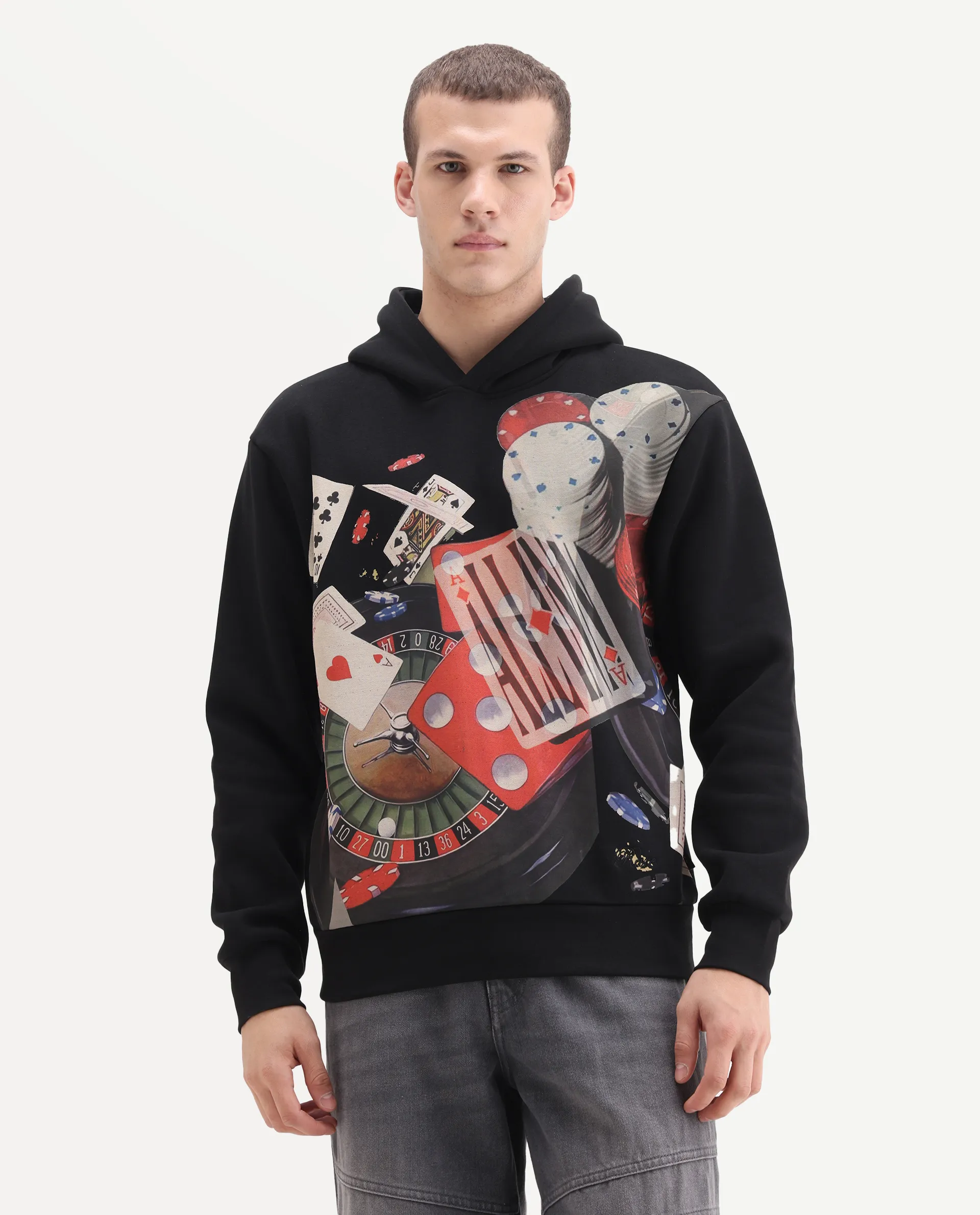 Rare Rabbit Men's Febo Black Cotton Blend Fabric Full Sleeves Hooded Graphic Print Sweatshirt - Image 6