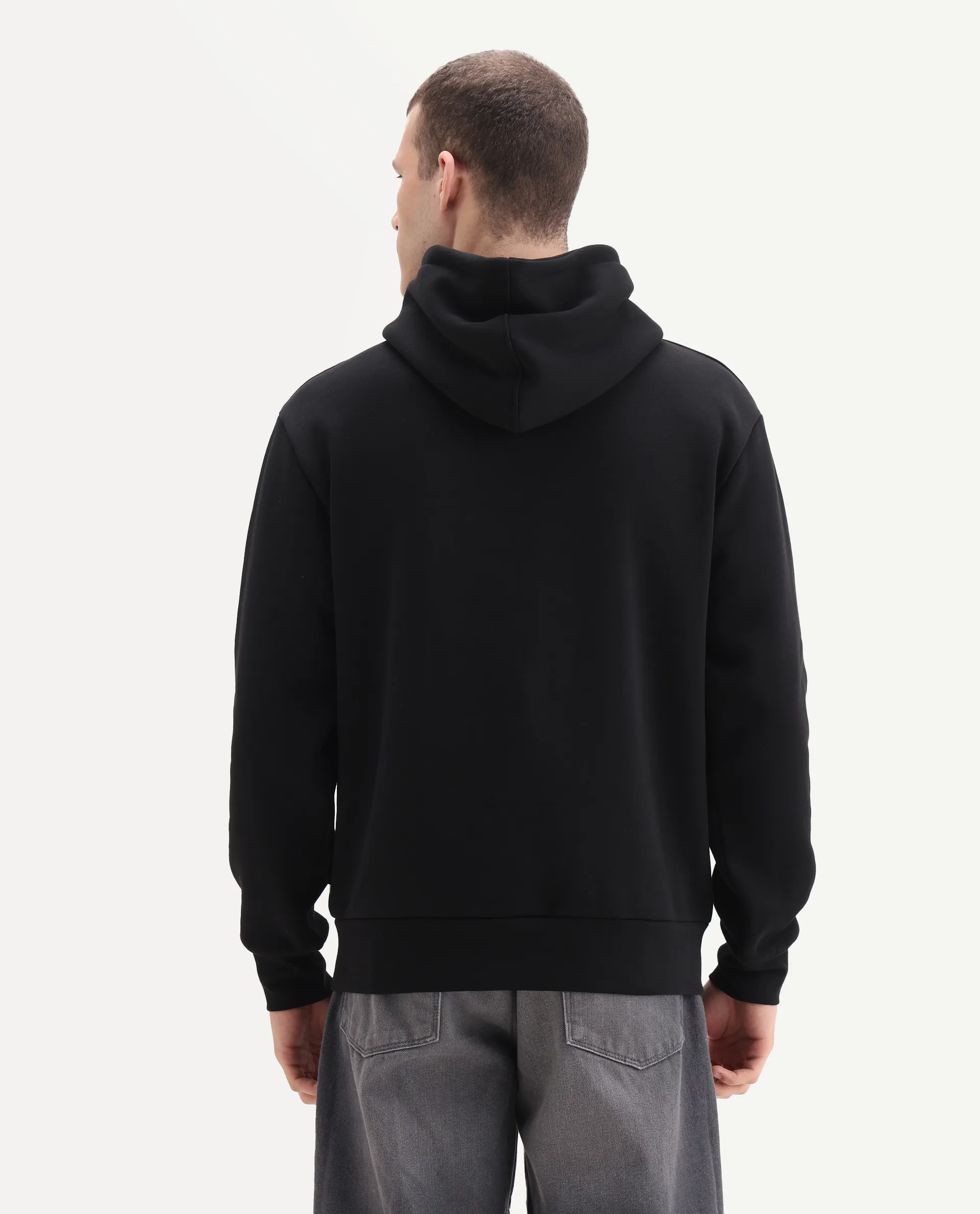 Rare Rabbit Men's Febo Black Cotton Blend Fabric Full Sleeves Hooded Graphic Print Sweatshirt - Image 7