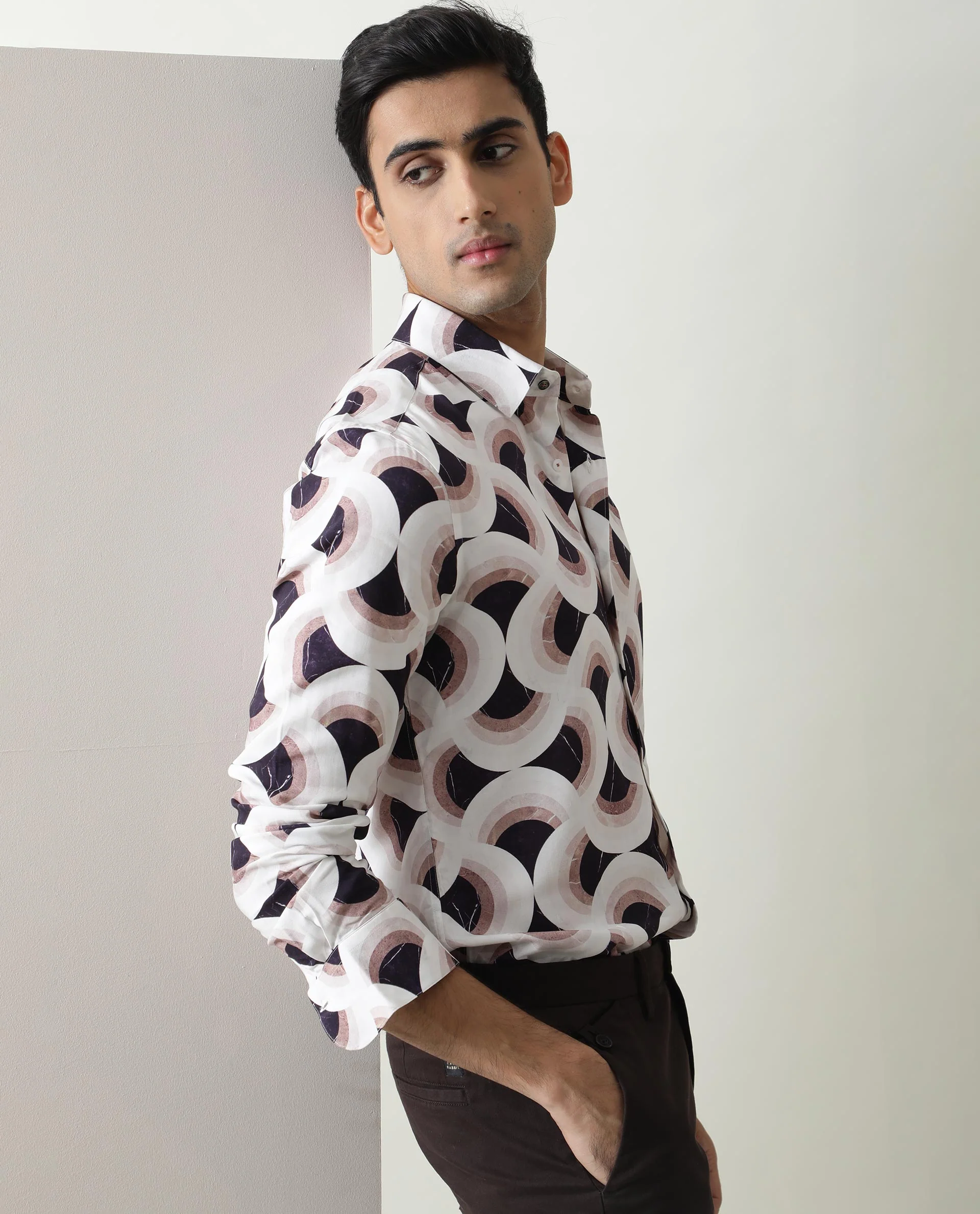 Rare Rabbit Men's Febug Off White Viscose Geometric Print Regular Fit Full Sleeve Collared Shirt - Image 3