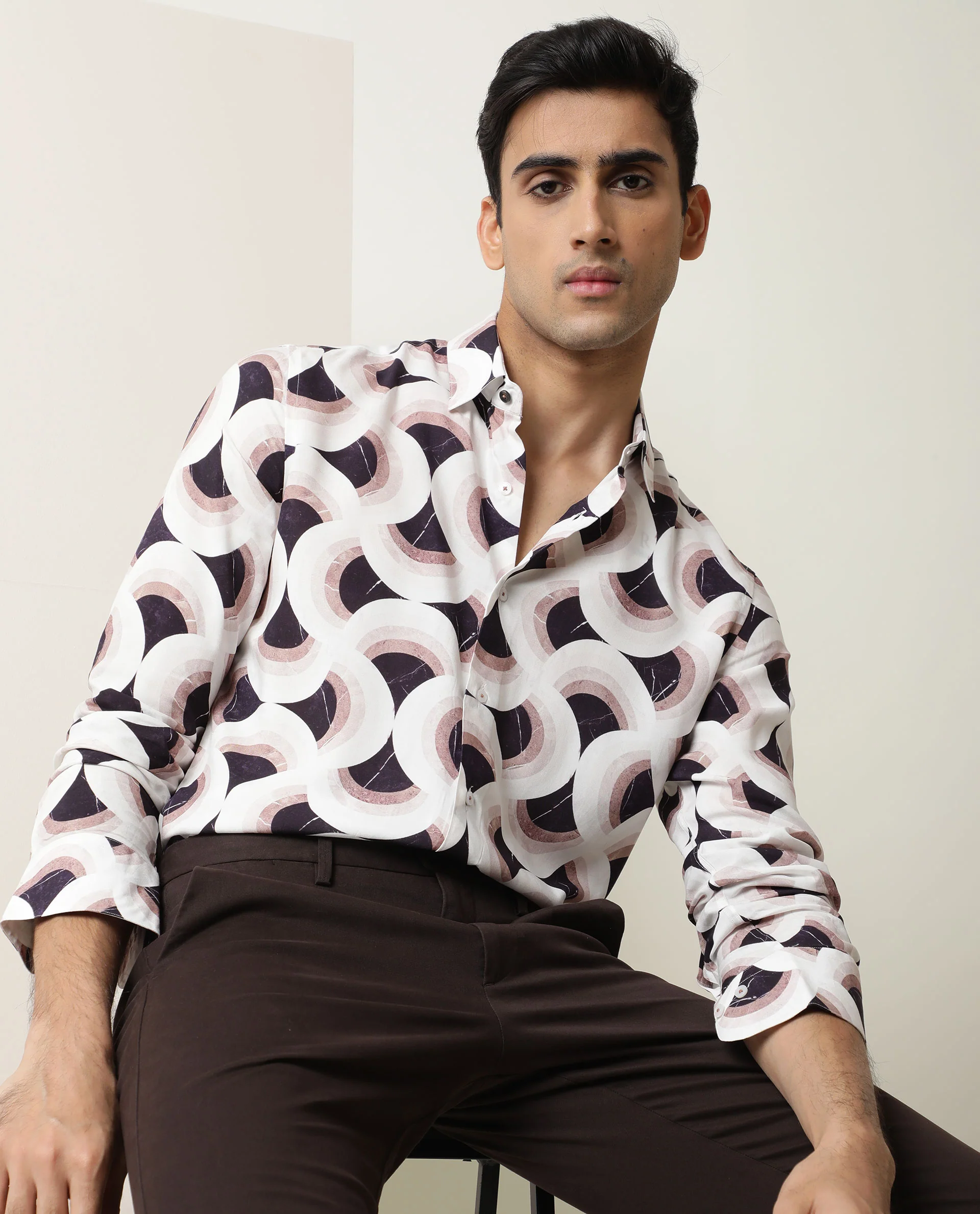 Rare Rabbit Men's Febug Off White Viscose Geometric Print Regular Fit Full Sleeve Collared Shirt - Image 4