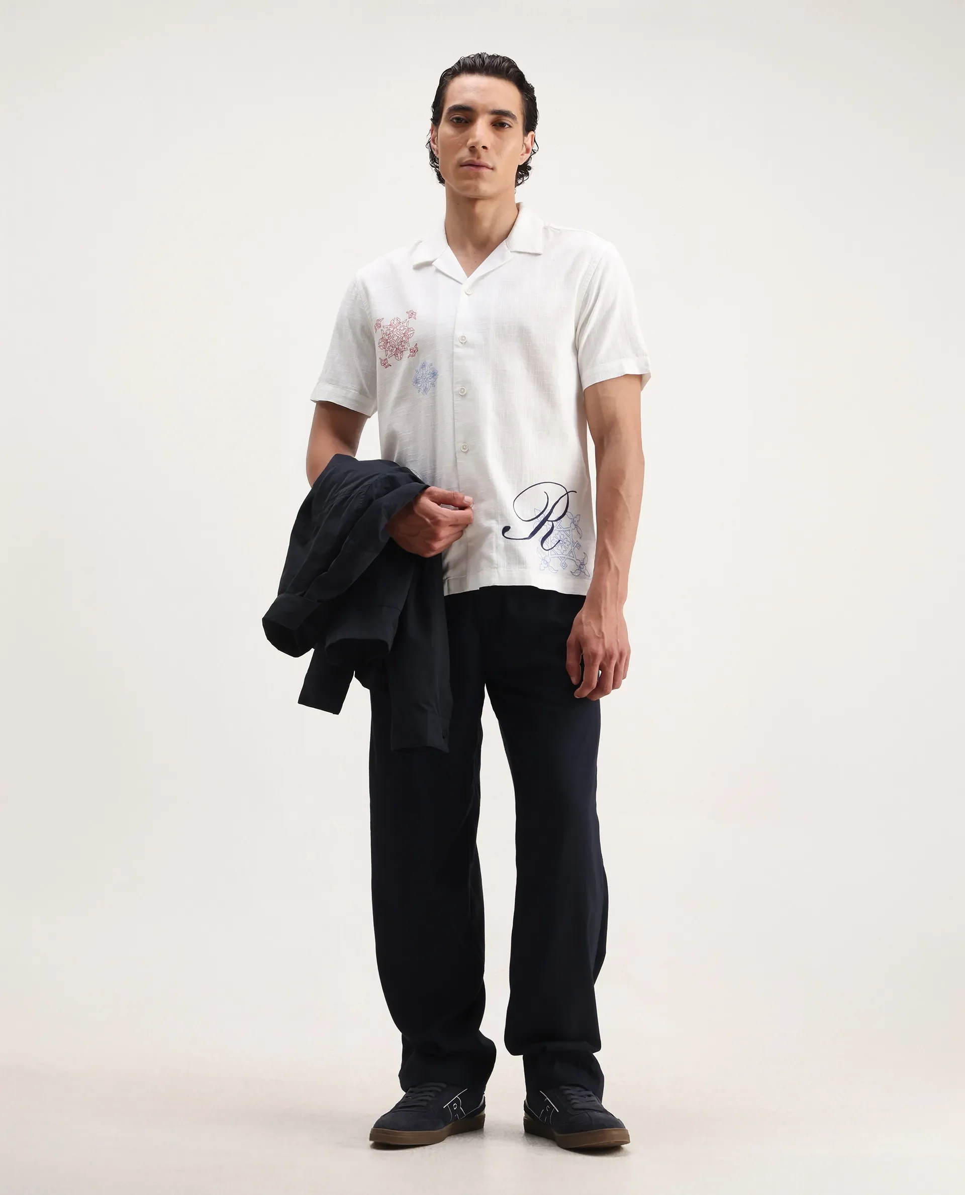Rare Rabbit Men's Fedger White Cotton Blend Embroidered Boxy Fit Half Sleeve Cuban Collar Shirt - Image 2