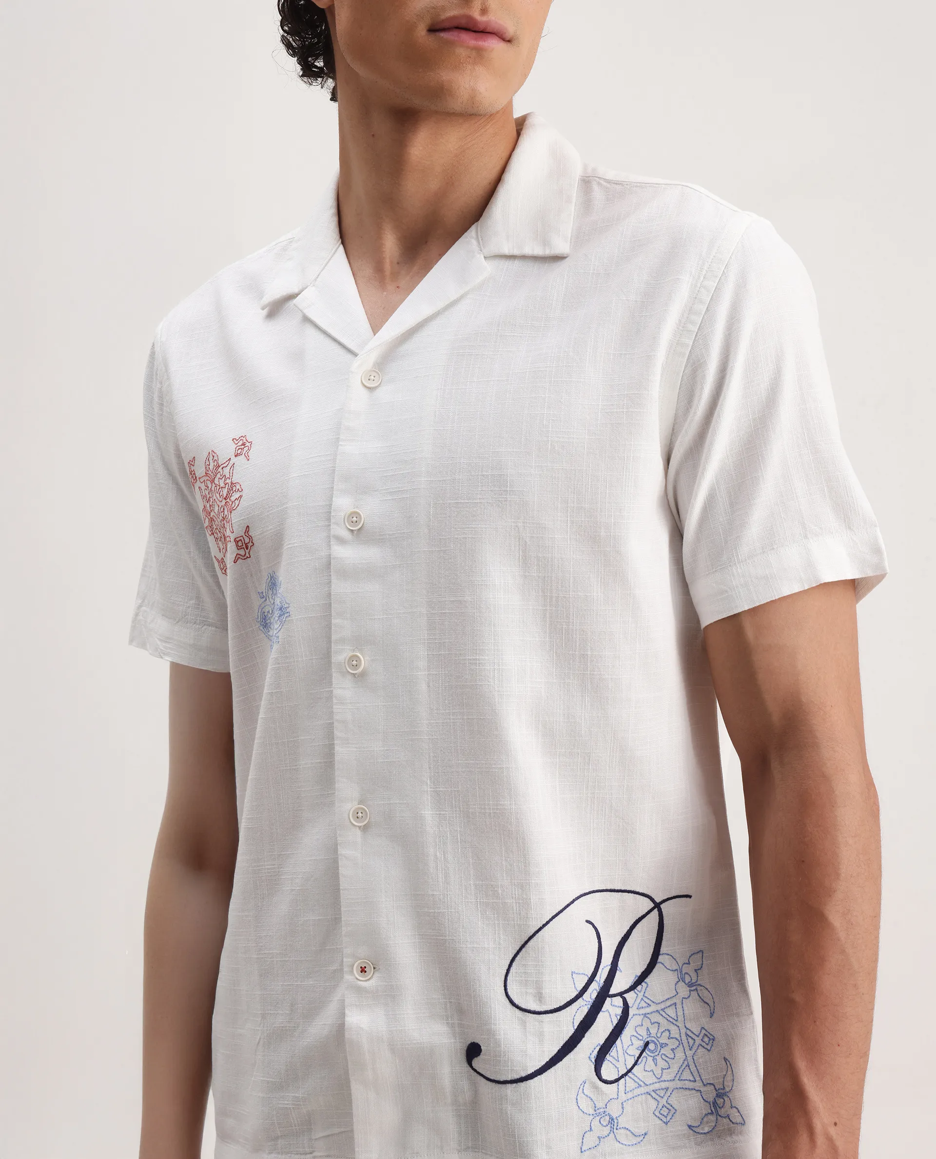 Rare Rabbit Men's Fedger White Cotton Blend Embroidered Boxy Fit Half Sleeve Cuban Collar Shirt - Image 3