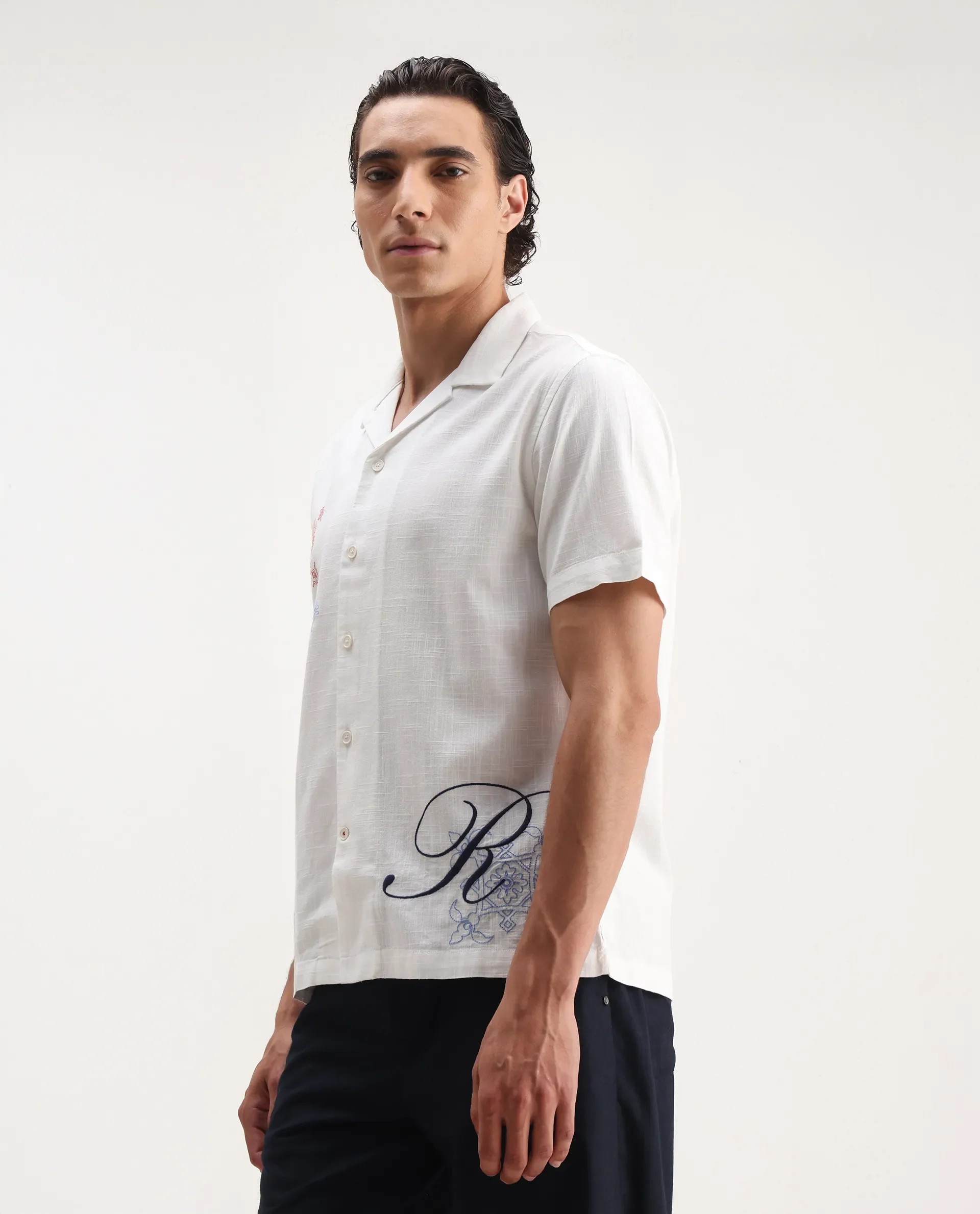 Rare Rabbit Men's Fedger White Cotton Blend Embroidered Boxy Fit Half Sleeve Cuban Collar Shirt - Image 4