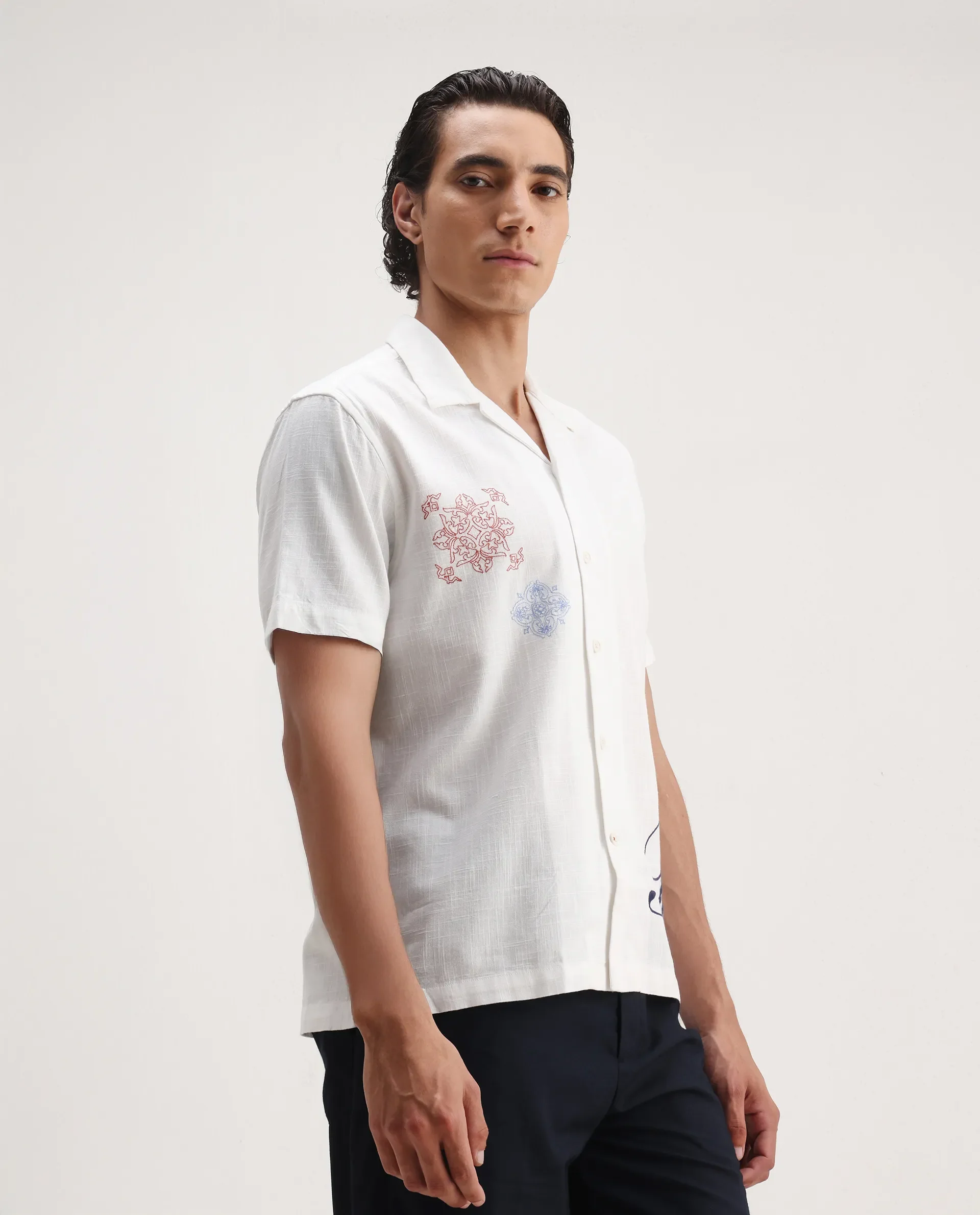 Rare Rabbit Men's Fedger White Cotton Blend Embroidered Boxy Fit Half Sleeve Cuban Collar Shirt - Image 5