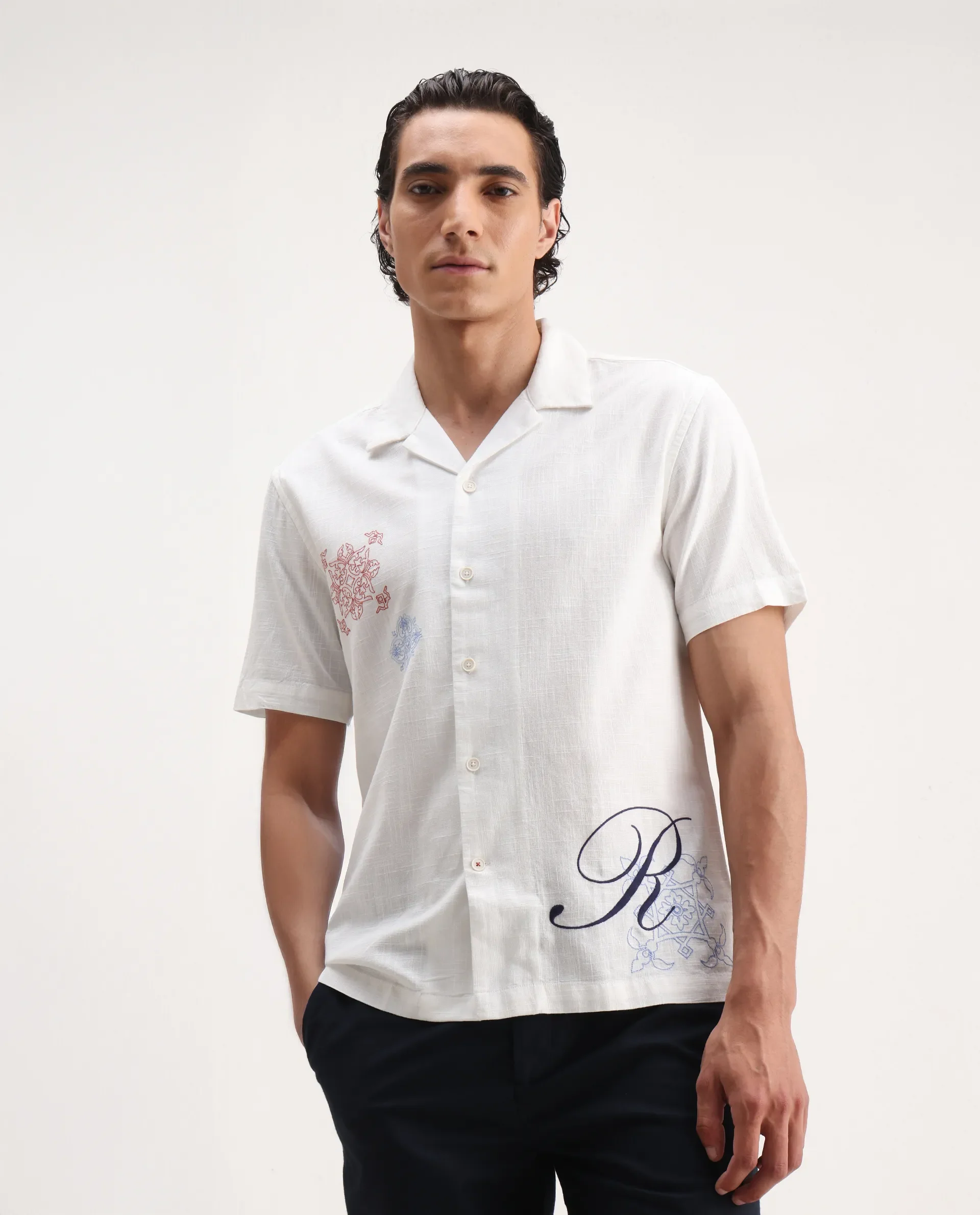 Rare Rabbit Men's Fedger White Cotton Blend Embroidered Boxy Fit Half Sleeve Cuban Collar Shirt - Image 6