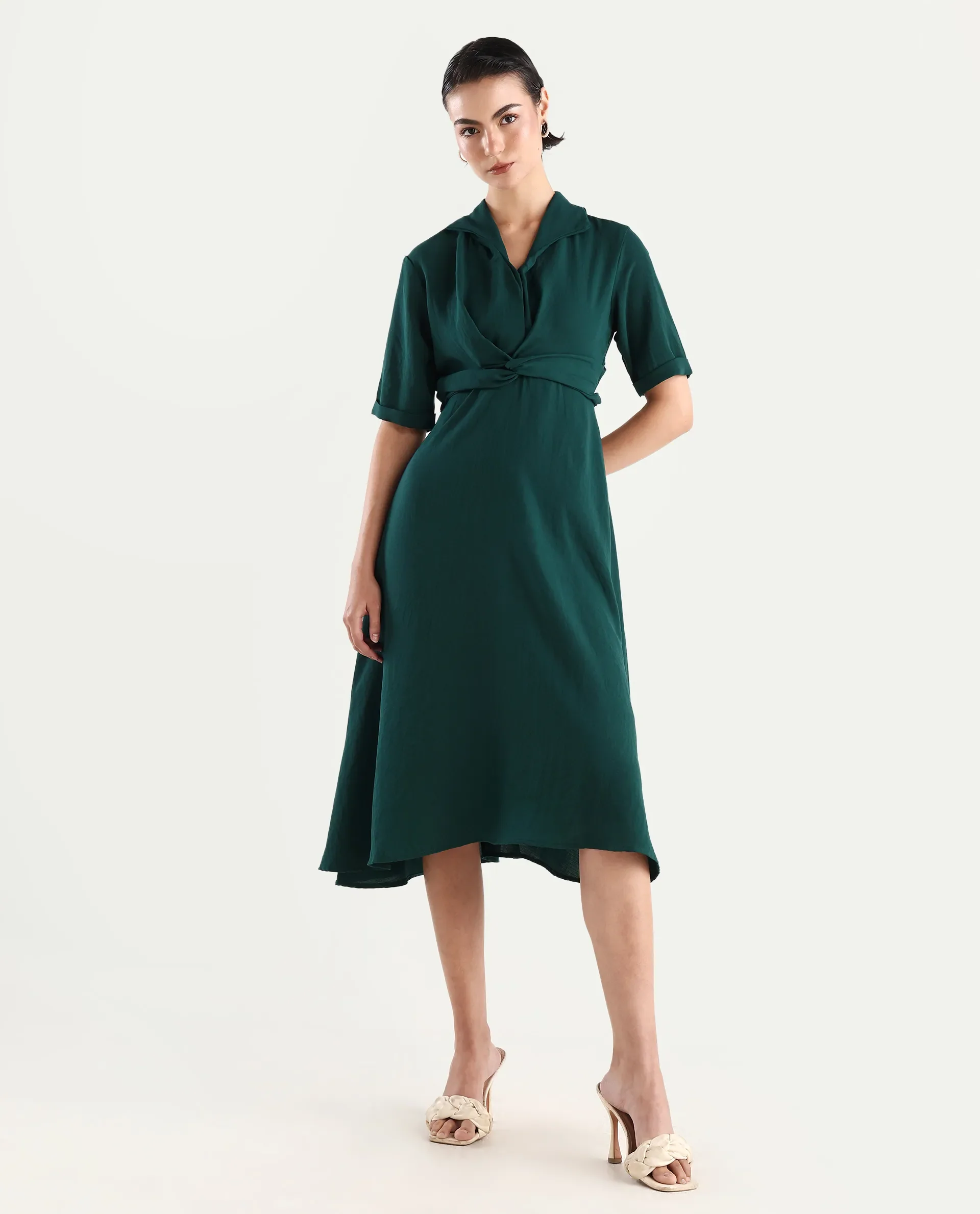 Rareism Women's Fedrez Green Polyester Cowl Neck Plain Bell Sleeve Maxi Flared Dress - Image 2