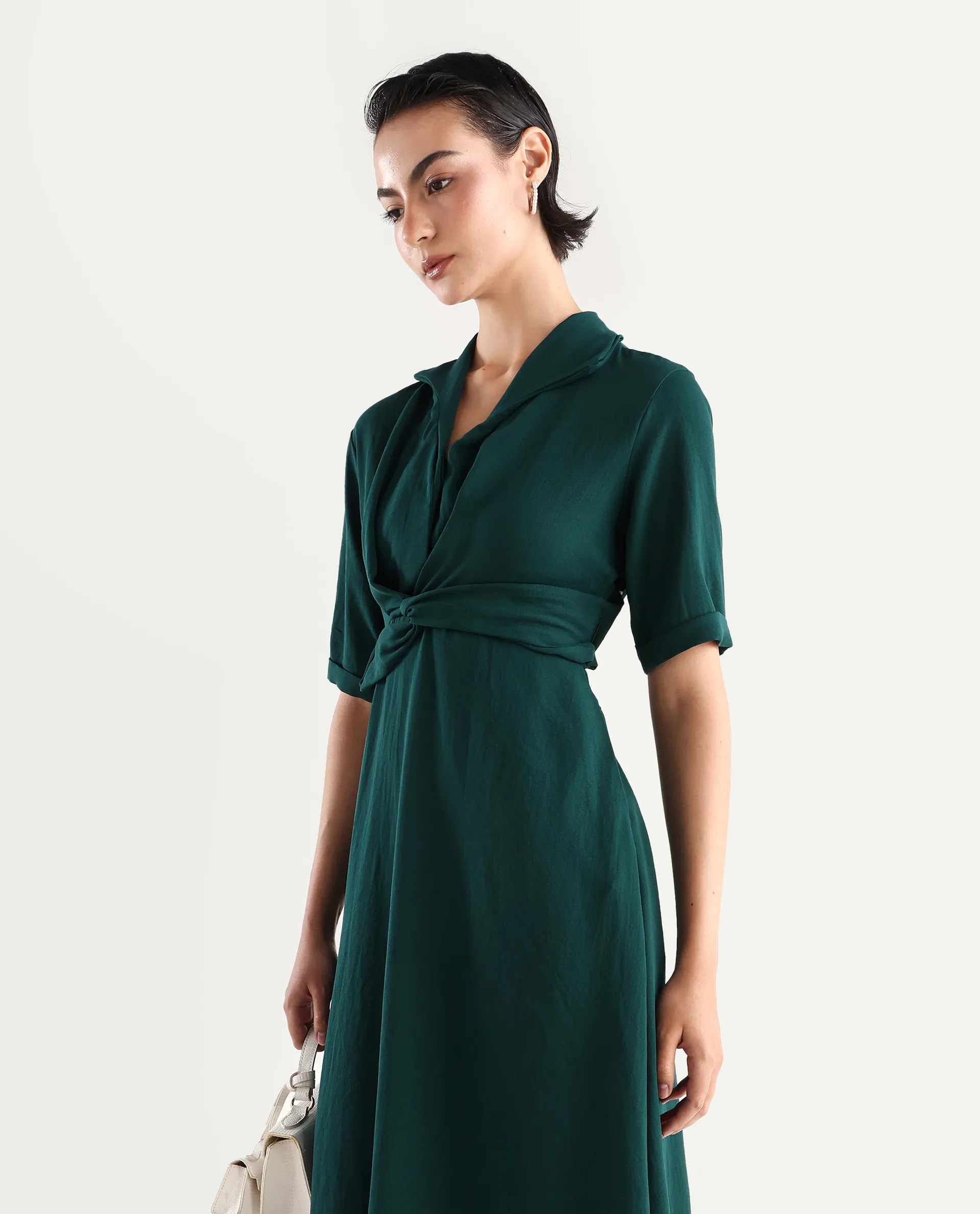 Rareism Women's Fedrez Green Polyester Cowl Neck Plain Bell Sleeve Maxi Flared Dress - Image 3