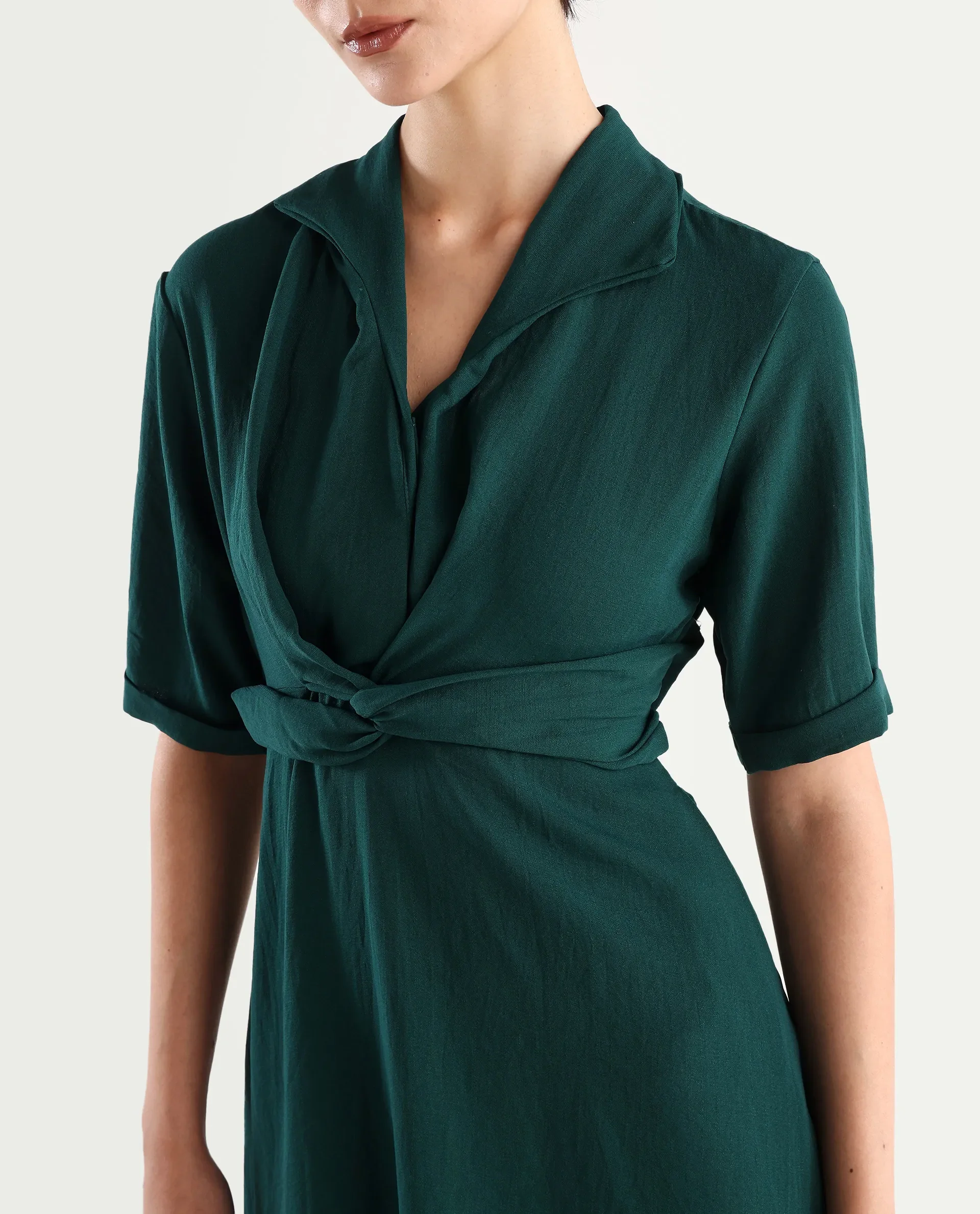 Rareism Women's Fedrez Green Polyester Cowl Neck Plain Bell Sleeve Maxi Flared Dress - Image 4