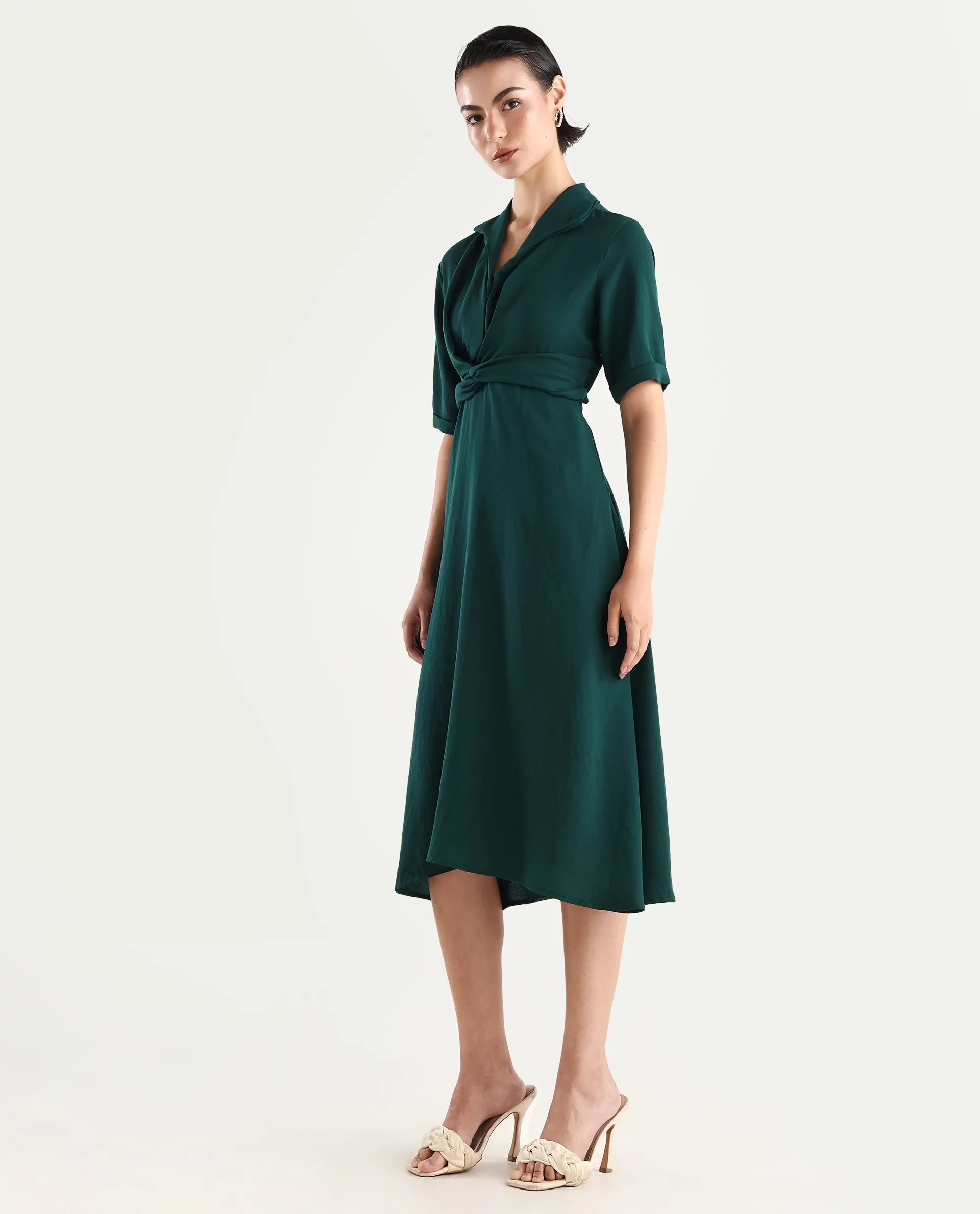 Rareism Women's Fedrez Green Polyester Cowl Neck Plain Bell Sleeve Maxi Flared Dress - Image 5