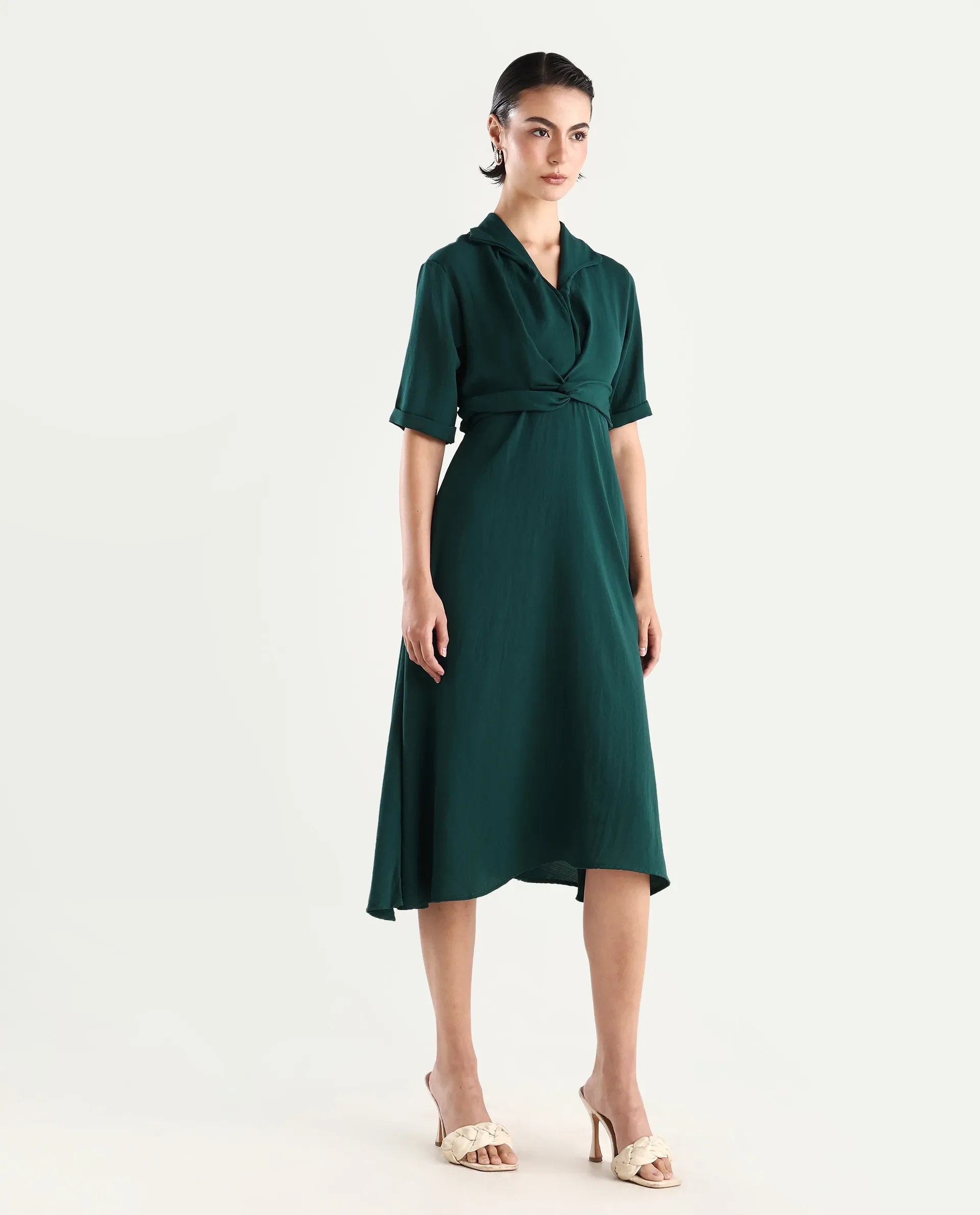 Rareism Women's Fedrez Green Polyester Cowl Neck Plain Bell Sleeve Maxi Flared Dress - Image 6