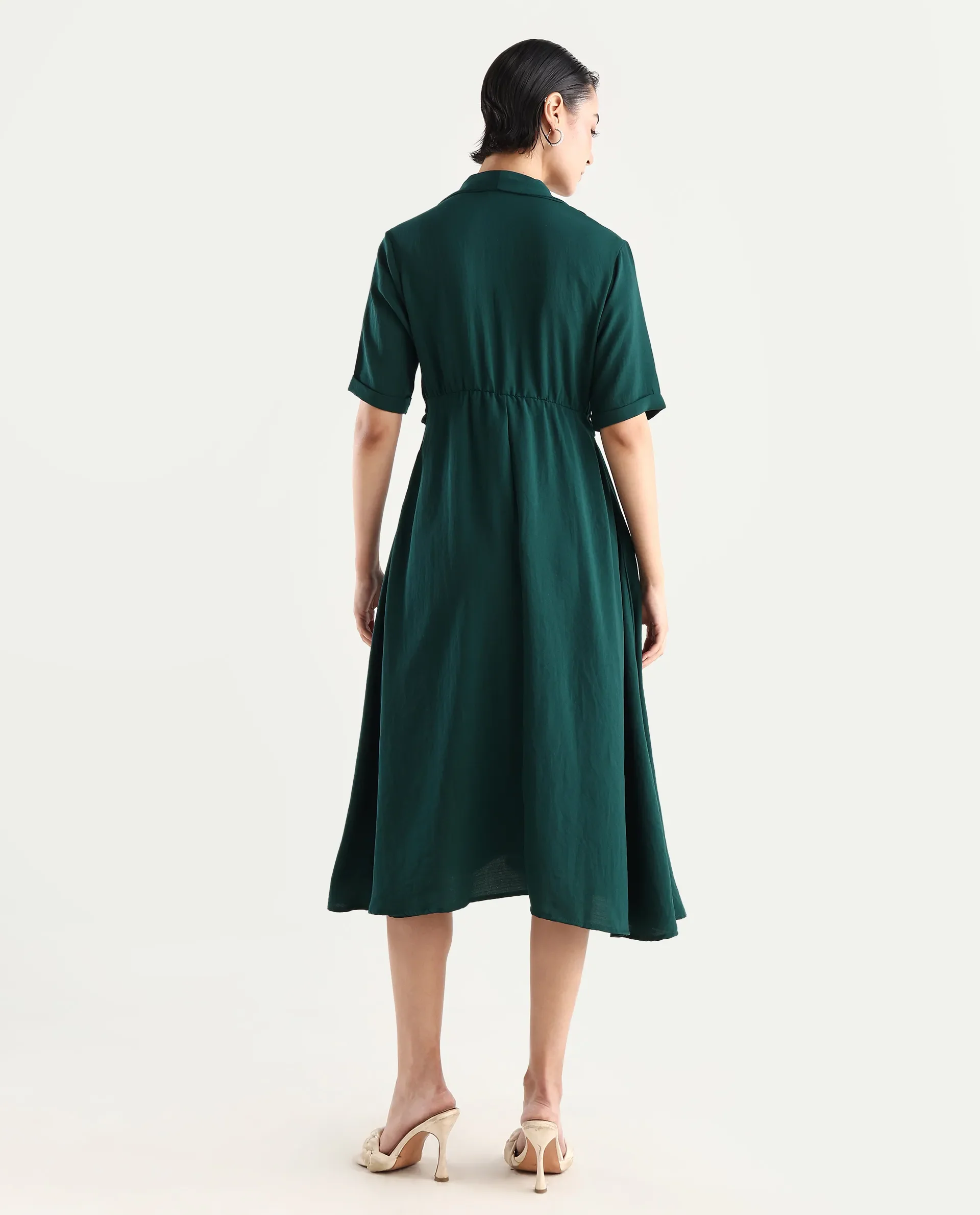 Rareism Women's Fedrez Green Polyester Cowl Neck Plain Bell Sleeve Maxi Flared Dress - Image 7
