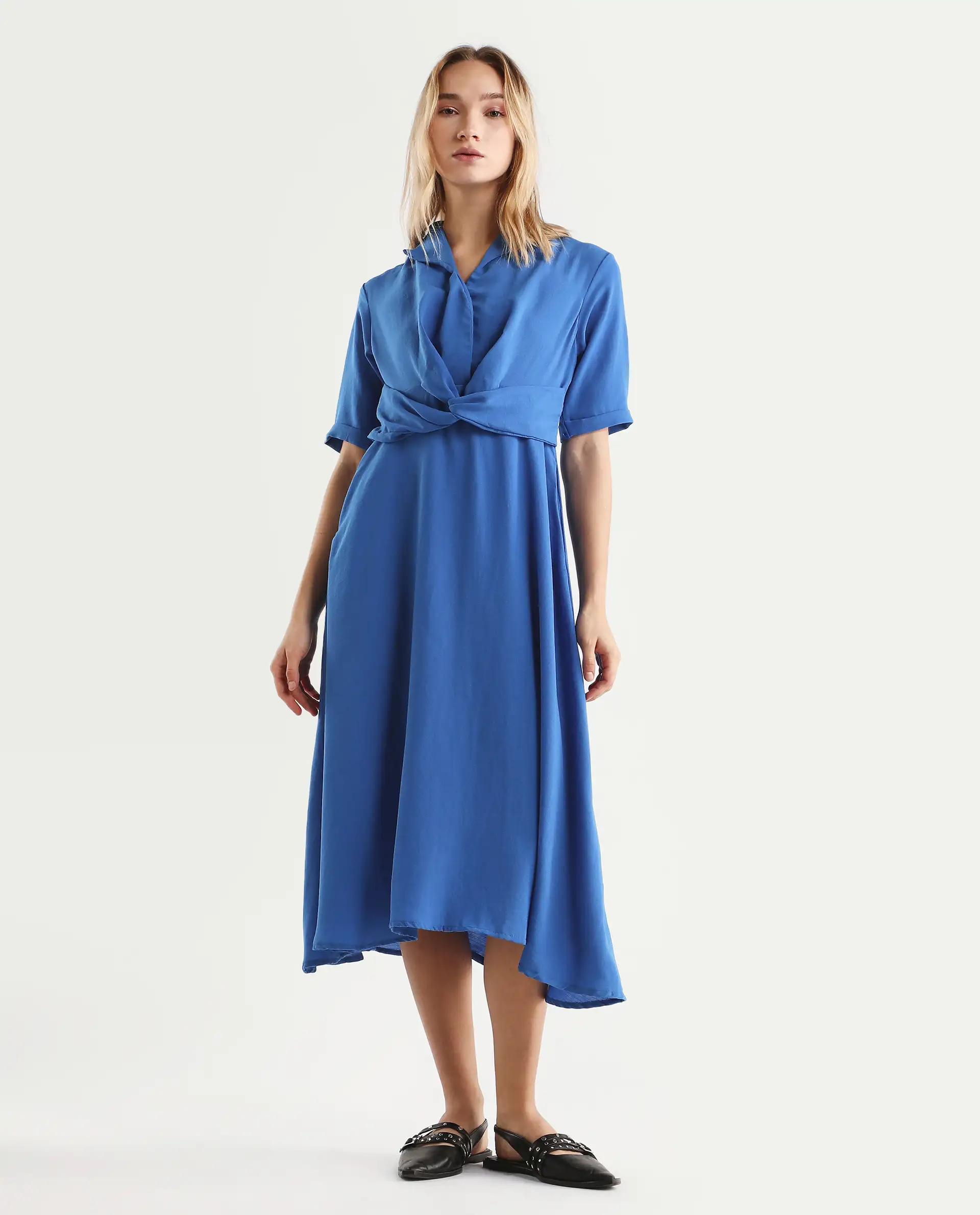 Rareism Women's Fedrez Navy Polyester Cowl Neck Plain Bell Sleeve Maxi Flared Dress - Image 2
