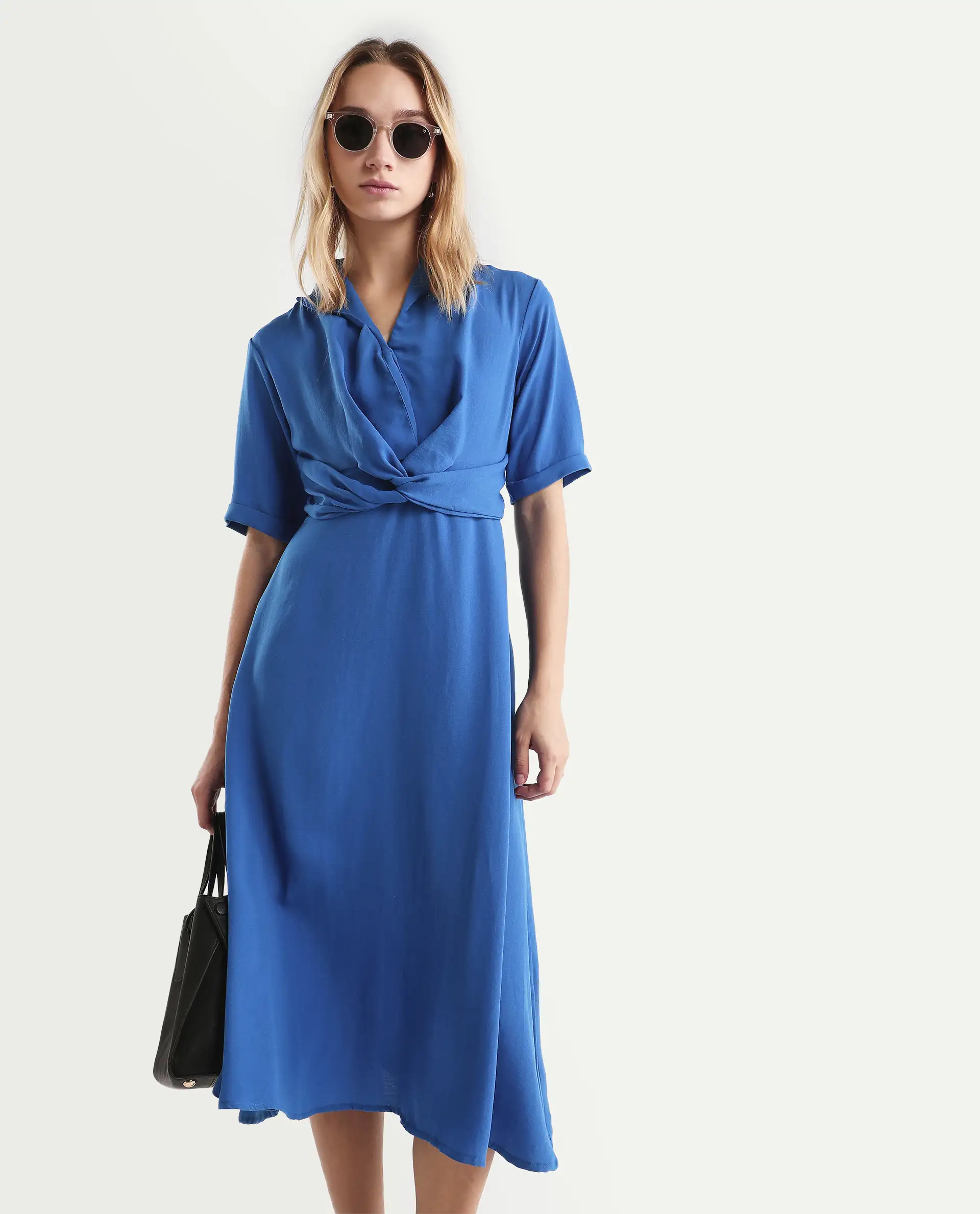 Rareism Women's Fedrez Navy Polyester Cowl Neck Plain Bell Sleeve Maxi Flared Dress - Image 3