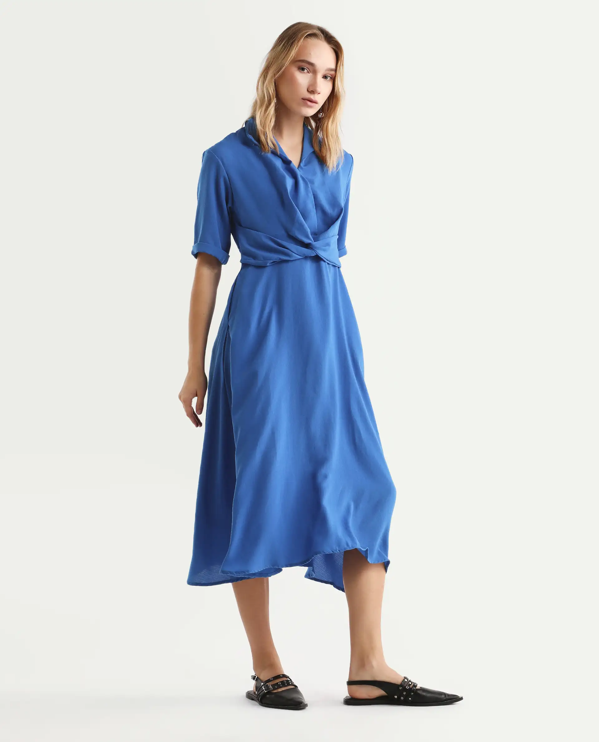 Rareism Women's Fedrez Navy Polyester Cowl Neck Plain Bell Sleeve Maxi Flared Dress - Image 6