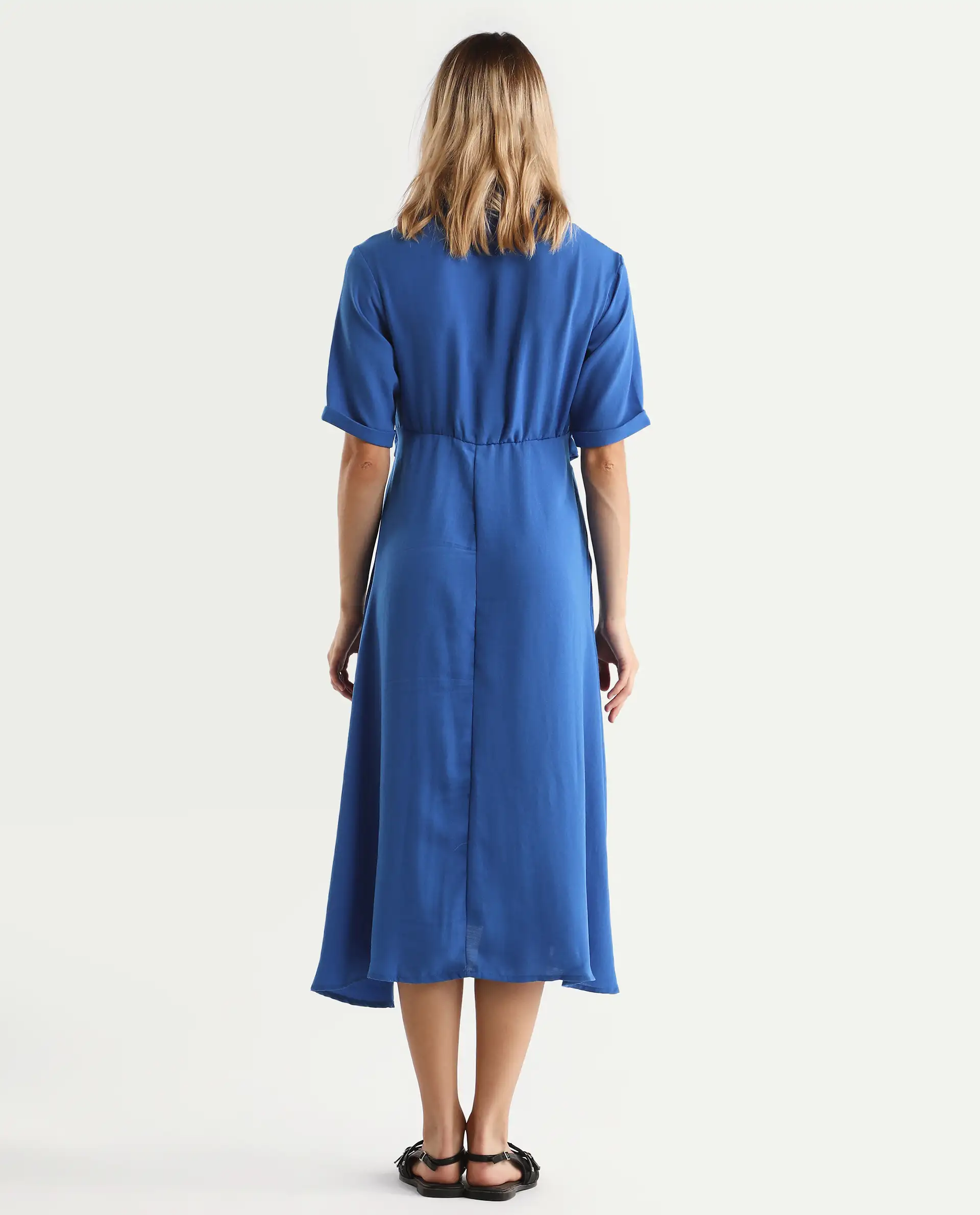 Rareism Women's Fedrez Navy Polyester Cowl Neck Plain Bell Sleeve Maxi Flared Dress - Image 7
