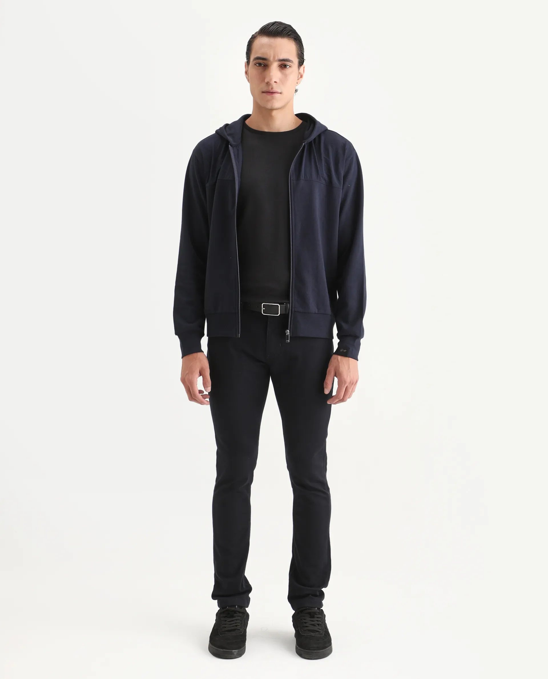 Rare Rabbit Men's Fego Navy Cotton Blend Plain Regular Fit Full Sleeve Hooded Sweatshirt - Image 2