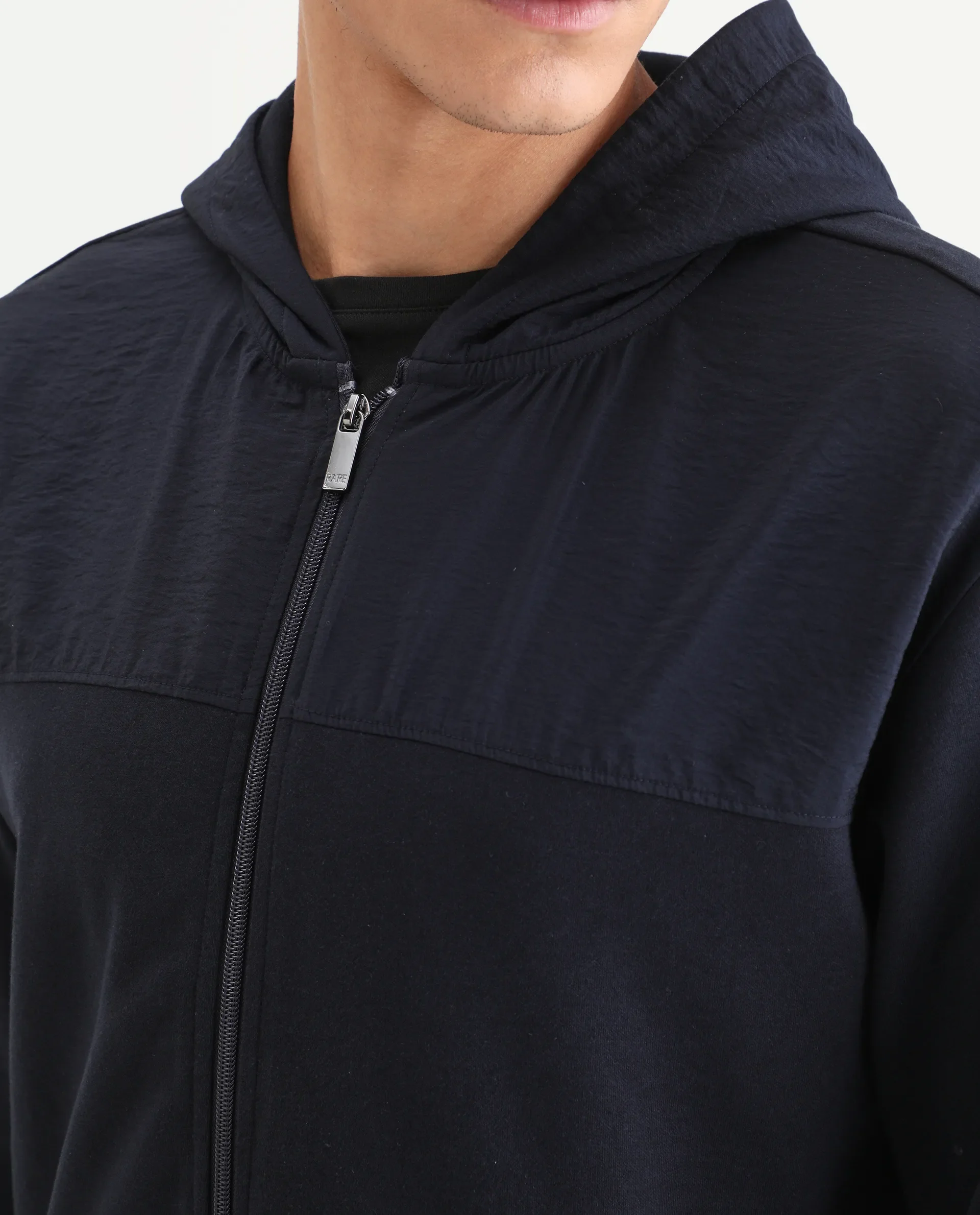 Rare Rabbit Men's Fego Navy Cotton Blend Plain Regular Fit Full Sleeve Hooded Sweatshirt - Image 3