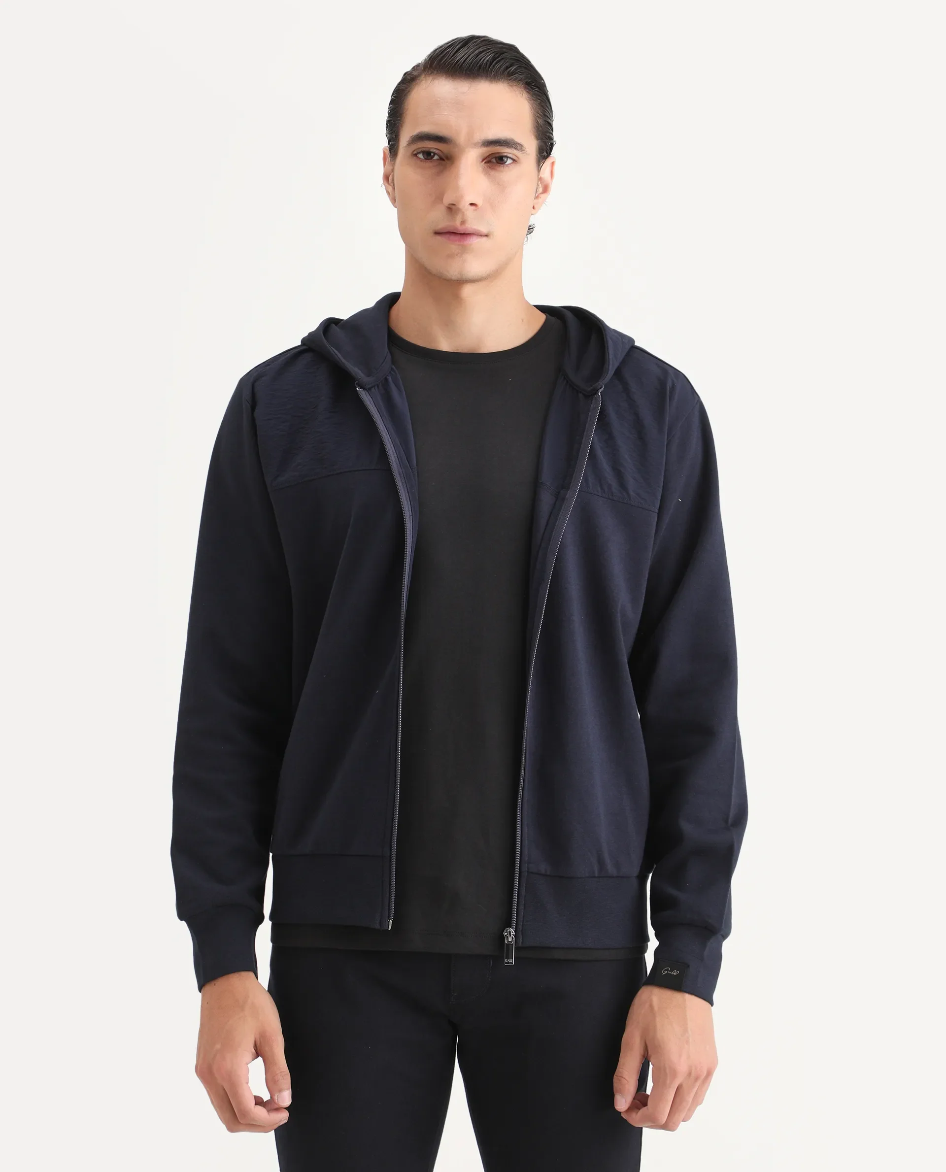 Rare Rabbit Men's Fego Navy Cotton Blend Plain Regular Fit Full Sleeve Hooded Sweatshirt - Image 4