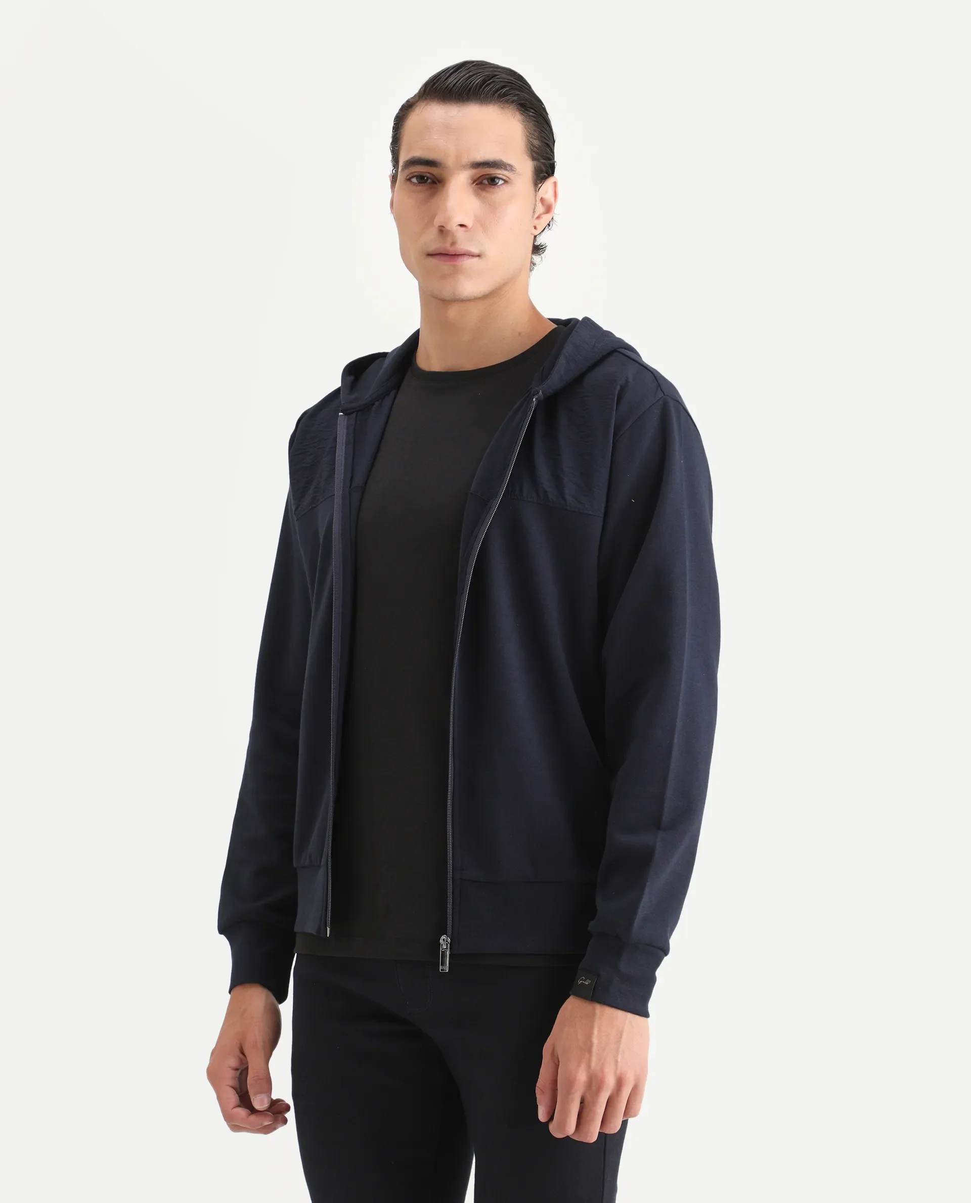 Rare Rabbit Men's Fego Navy Cotton Blend Plain Regular Fit Full Sleeve Hooded Sweatshirt - Image 5