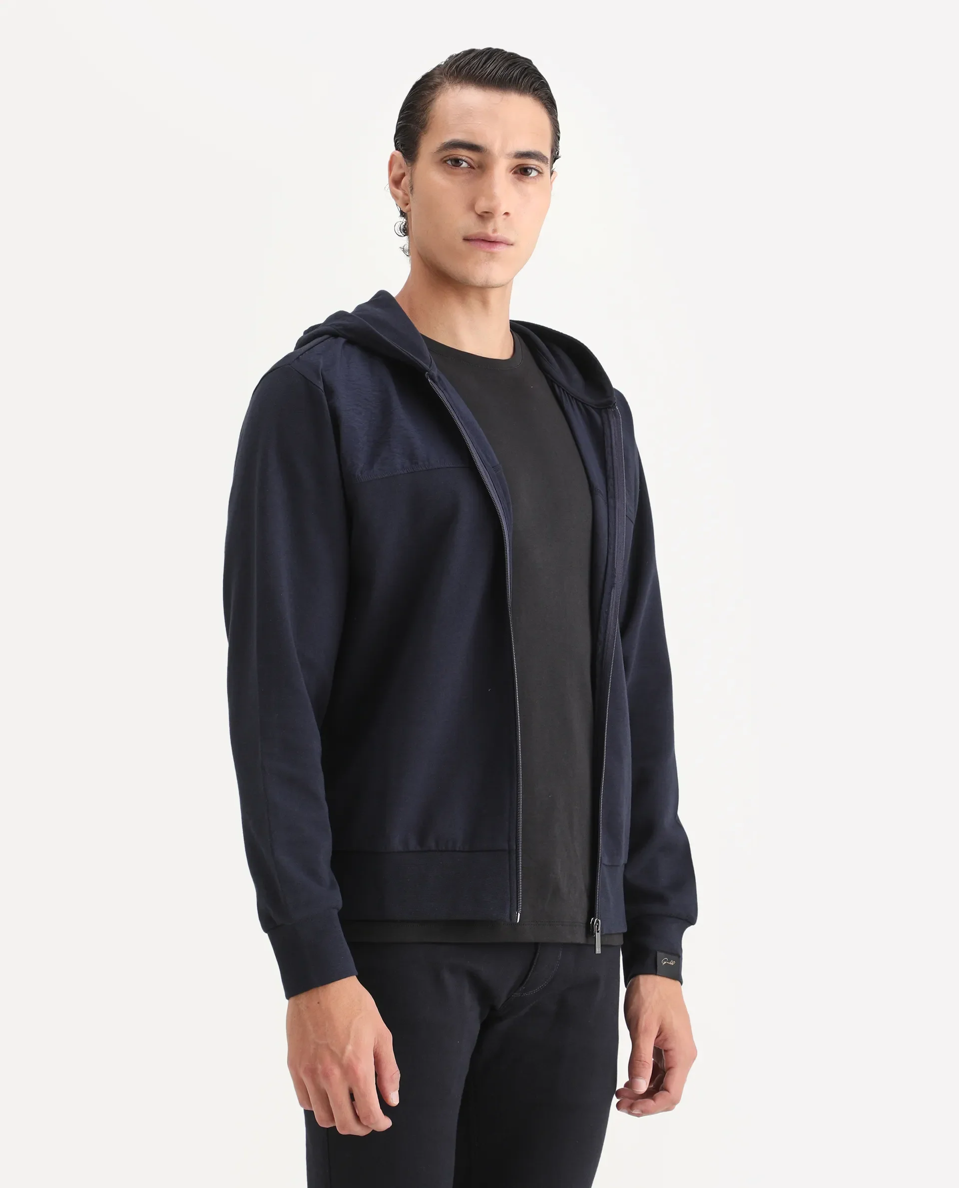Rare Rabbit Men's Fego Navy Cotton Blend Plain Regular Fit Full Sleeve Hooded Sweatshirt - Image 6