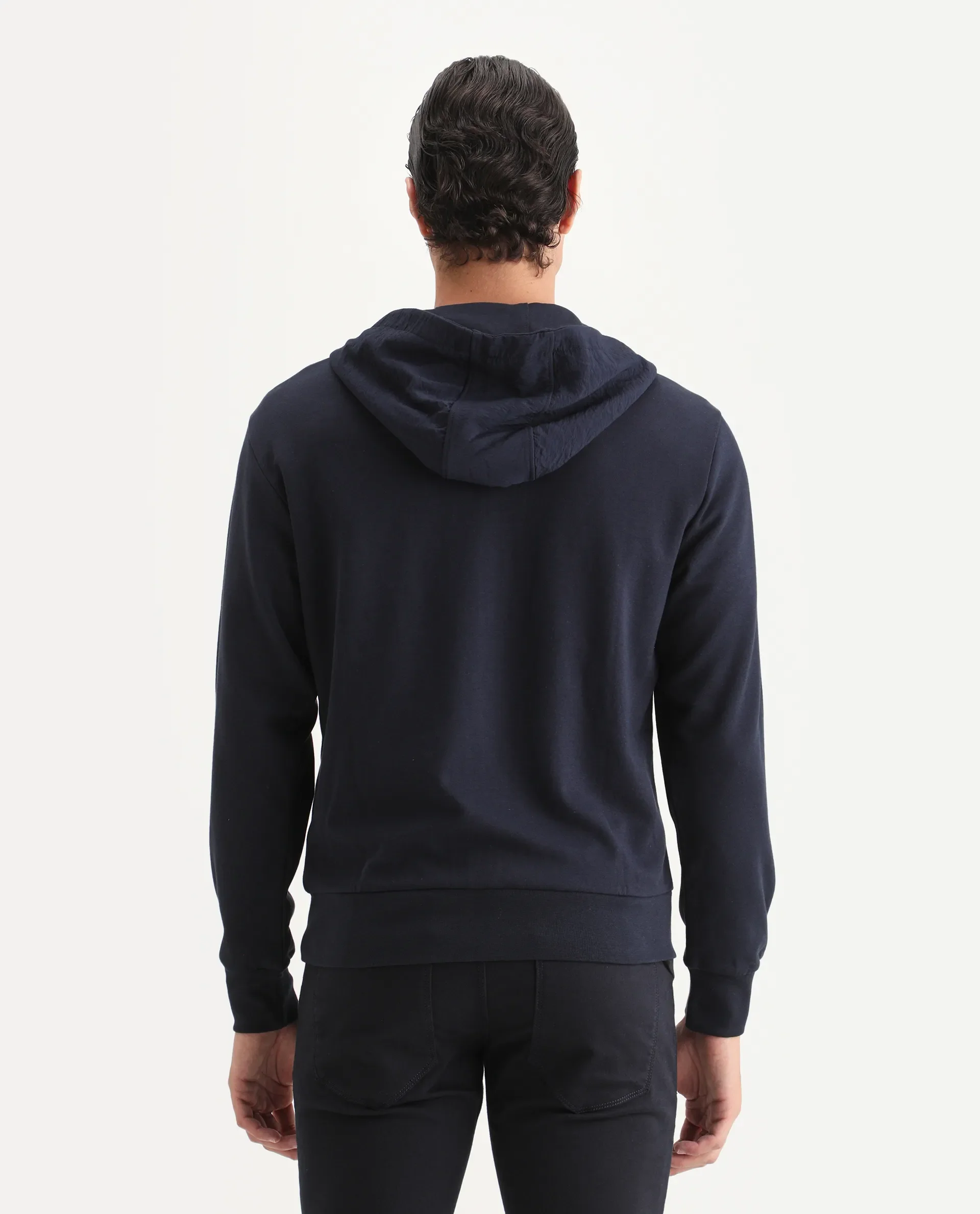 Rare Rabbit Men's Fego Navy Cotton Blend Plain Regular Fit Full Sleeve Hooded Sweatshirt - Image 7