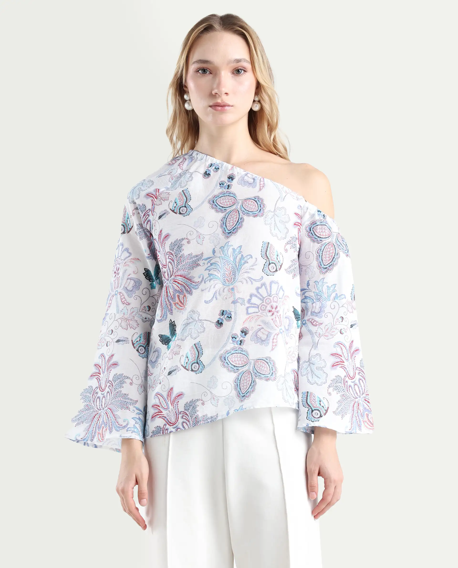 Rareism Women's Feightono Light Multi Cotton Blend One Shoulder Paisley Print Raglan Sleeve Regular Fit Top - Image 3