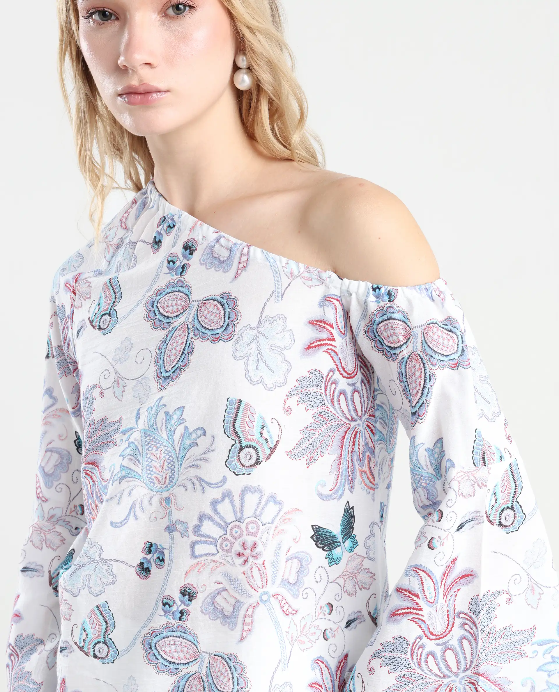 Rareism Women's Feightono Light Multi Cotton Blend One Shoulder Paisley Print Raglan Sleeve Regular Fit Top - Image 4
