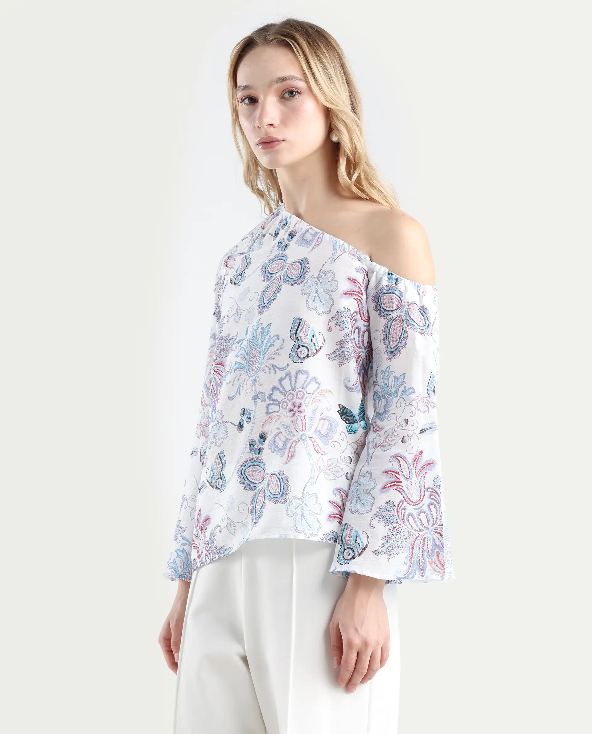 Rareism Women's Feightono Light Multi Cotton Blend One Shoulder Paisley Print Raglan Sleeve Regular Fit Top - Image 5