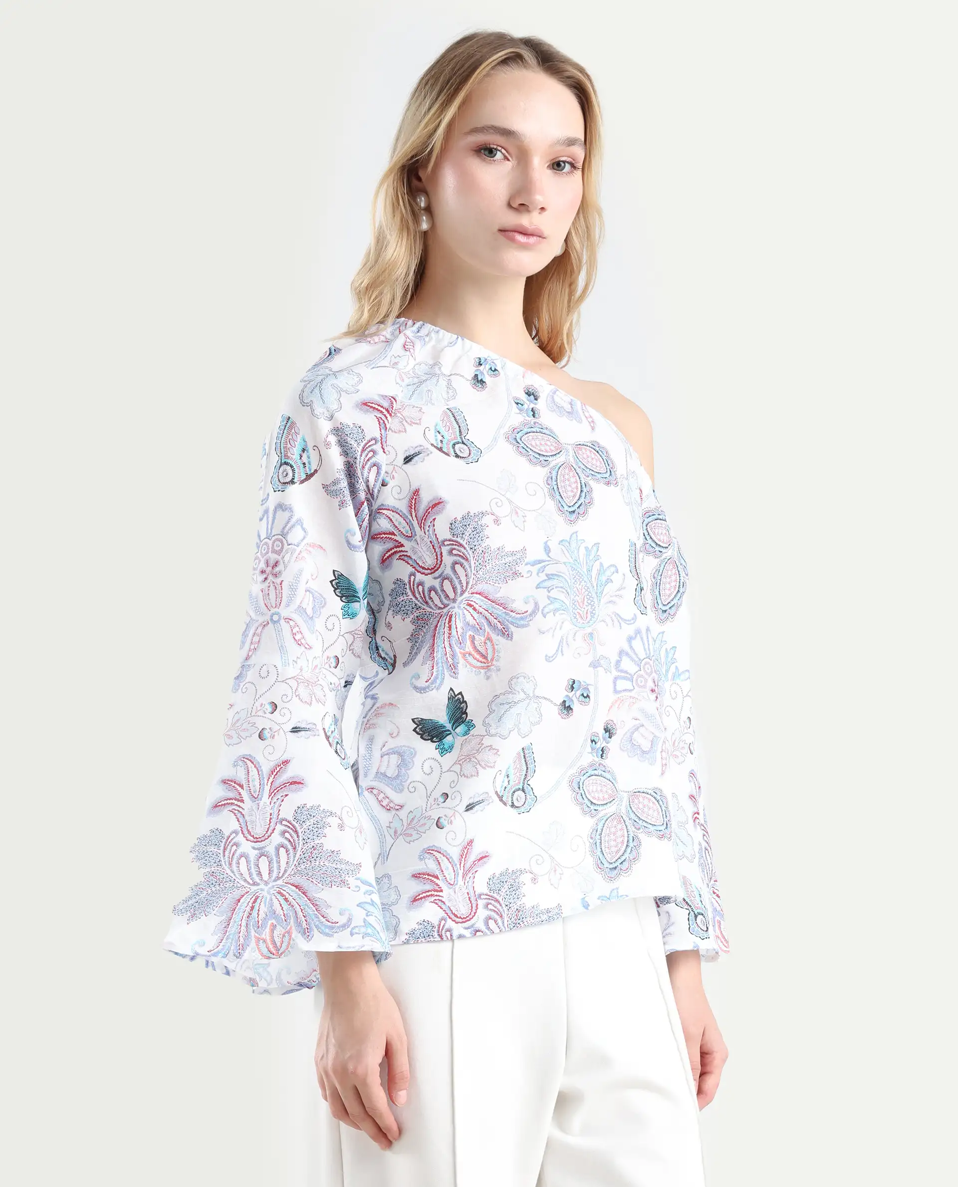 Rareism Women's Feightono Light Multi Cotton Blend One Shoulder Paisley Print Raglan Sleeve Regular Fit Top - Image 6