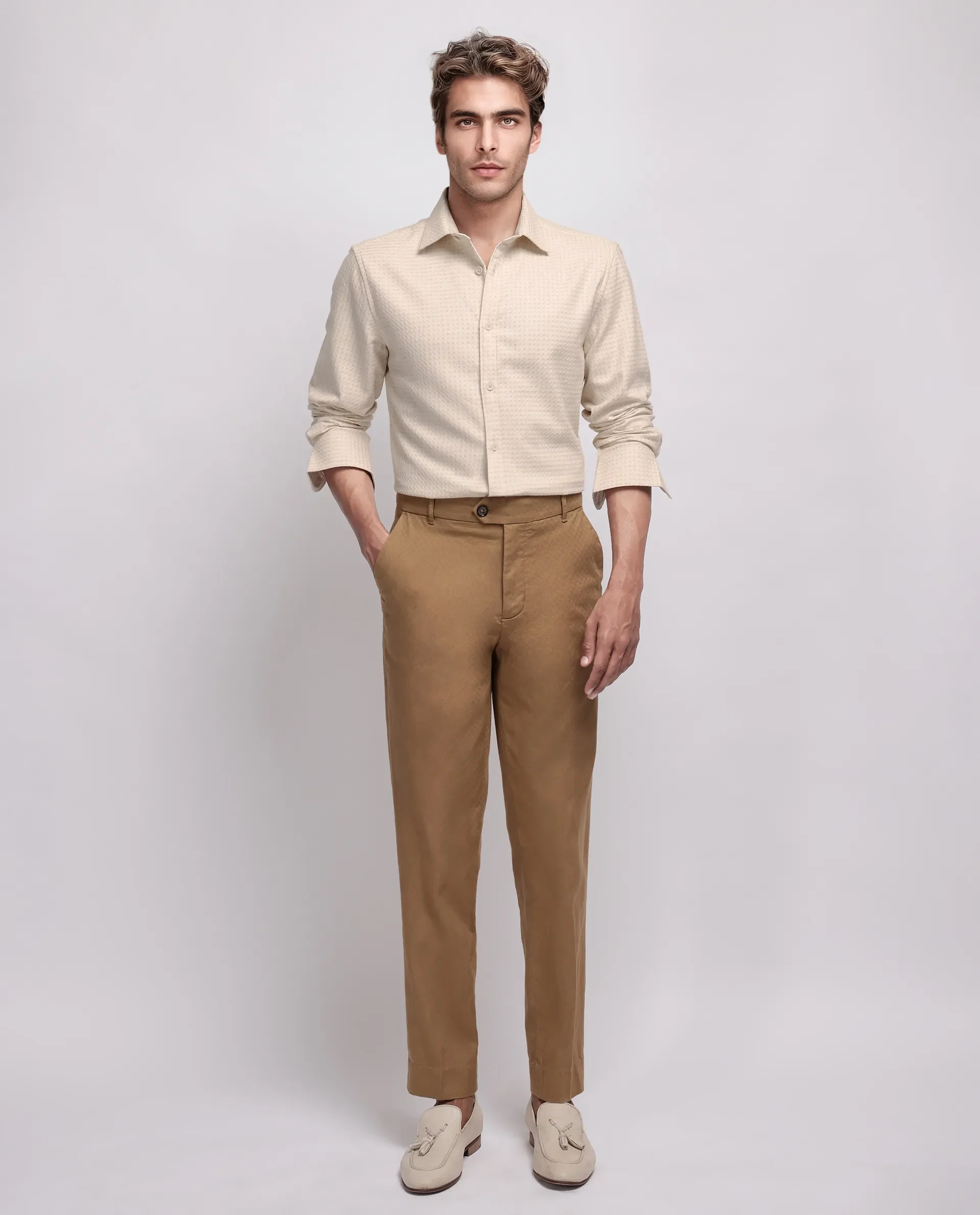 Rare Rabbit Men's Fei Ls Beige Cotton Textured Regular Fit Full Sleeve Collared Shirt - Image 2