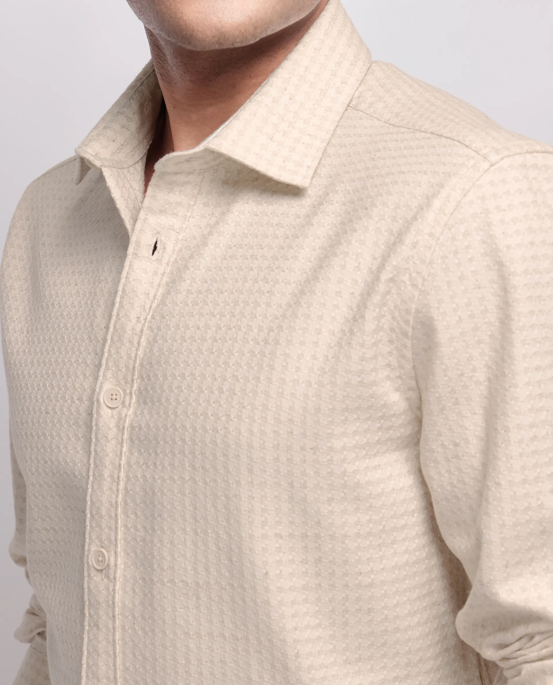 Rare Rabbit Men's Fei Ls Beige Cotton Textured Regular Fit Full Sleeve Collared Shirt - Image 3