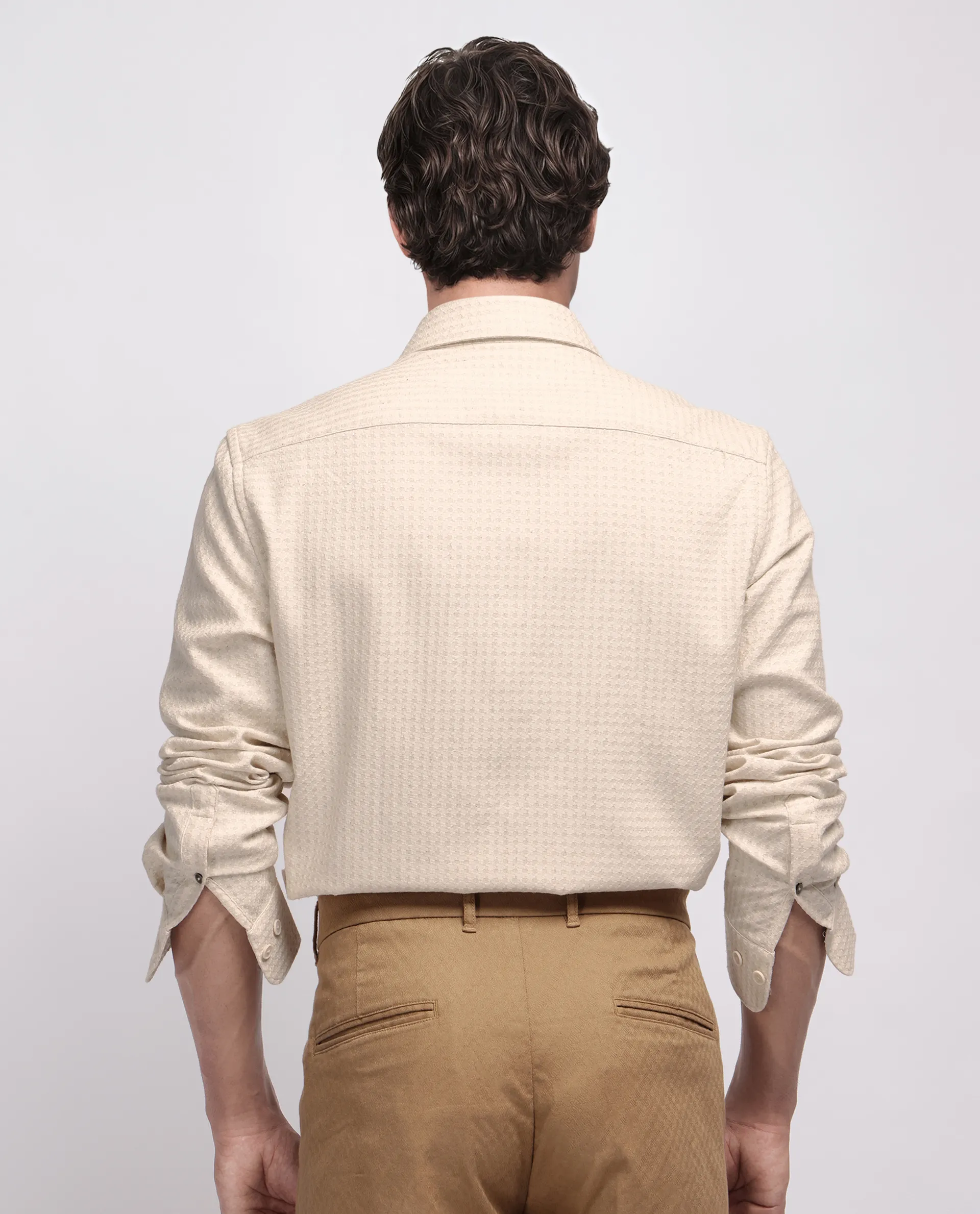 Rare Rabbit Men's Fei Ls Beige Cotton Textured Regular Fit Full Sleeve Collared Shirt - Image 4