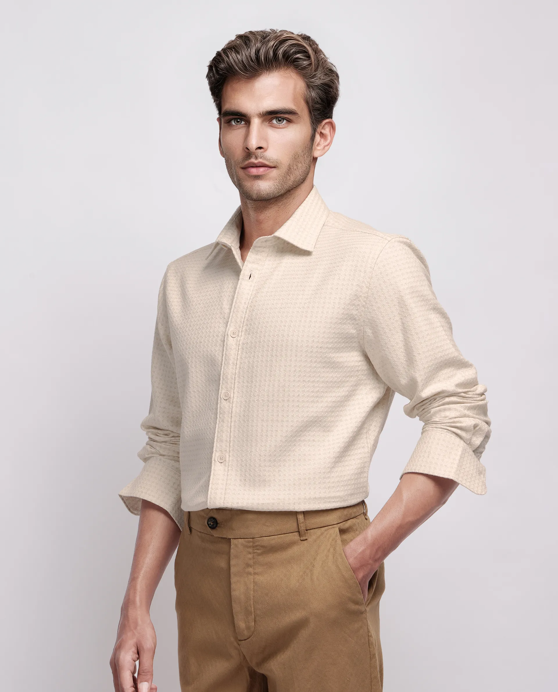 Rare Rabbit Men's Fei Ls Beige Cotton Textured Regular Fit Full Sleeve Collared Shirt - Image 5