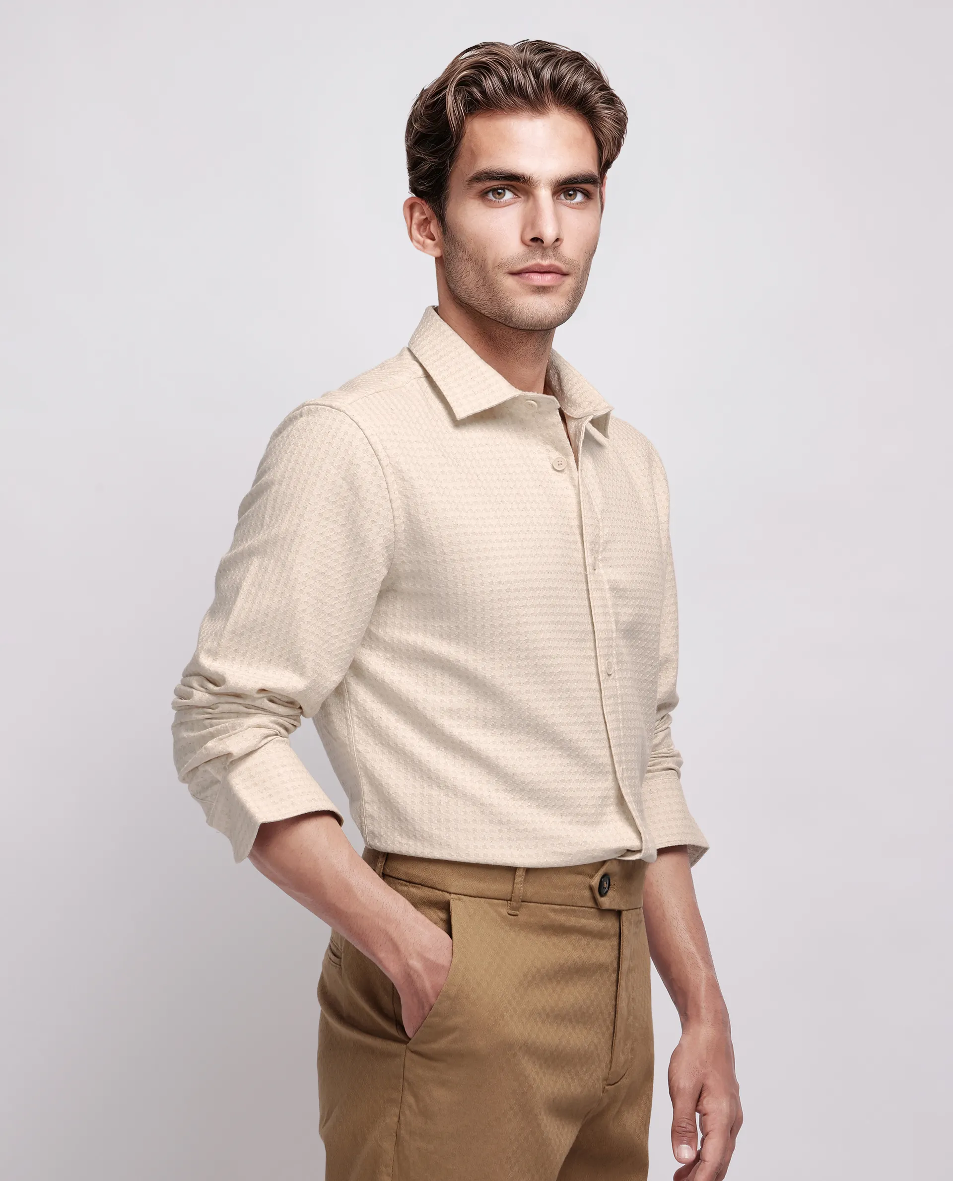 Rare Rabbit Men's Fei Ls Beige Cotton Textured Regular Fit Full Sleeve Collared Shirt - Image 6