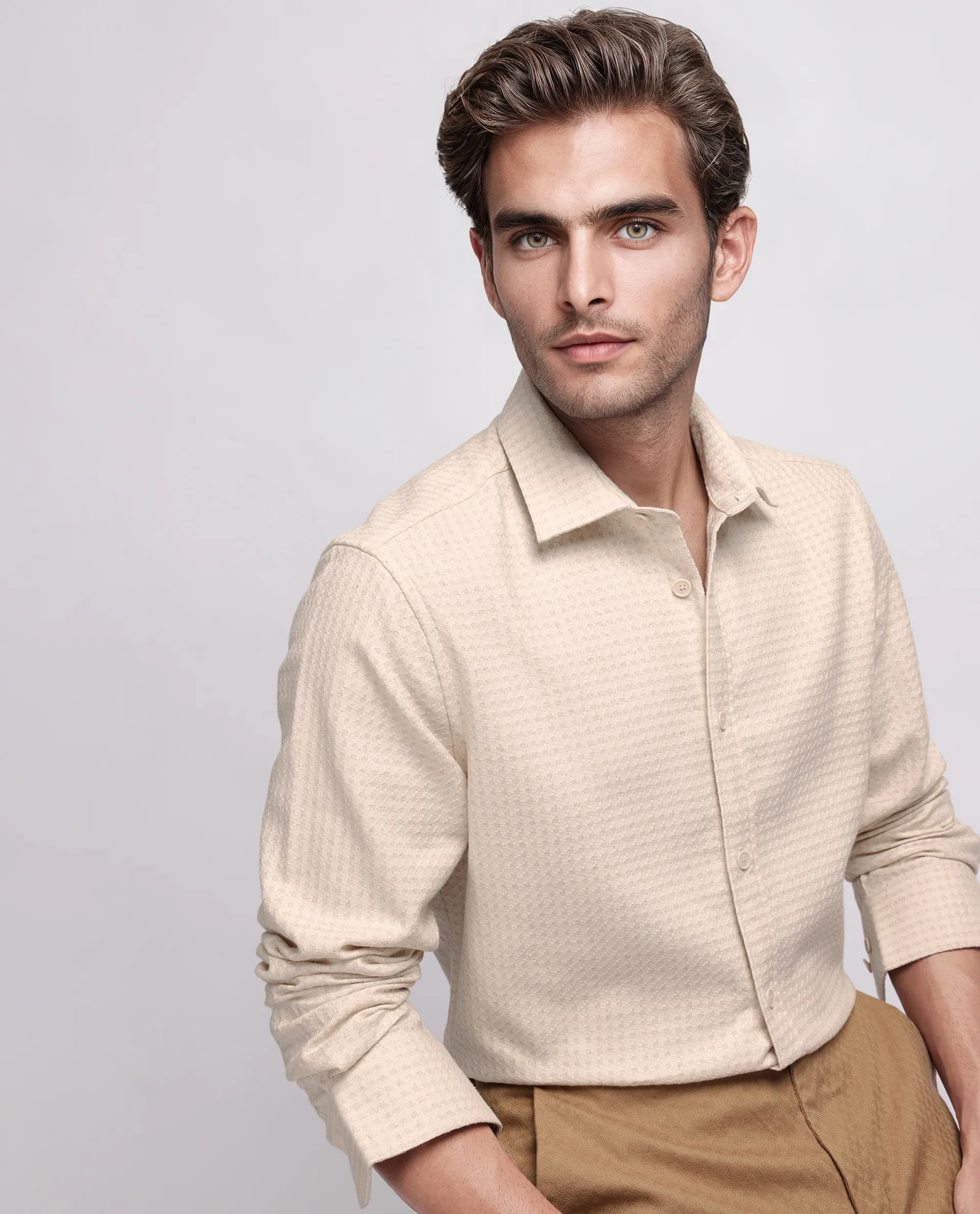 Rare Rabbit Men's Fei Ls Beige Cotton Textured Regular Fit Full Sleeve Collared Shirt - Image 8