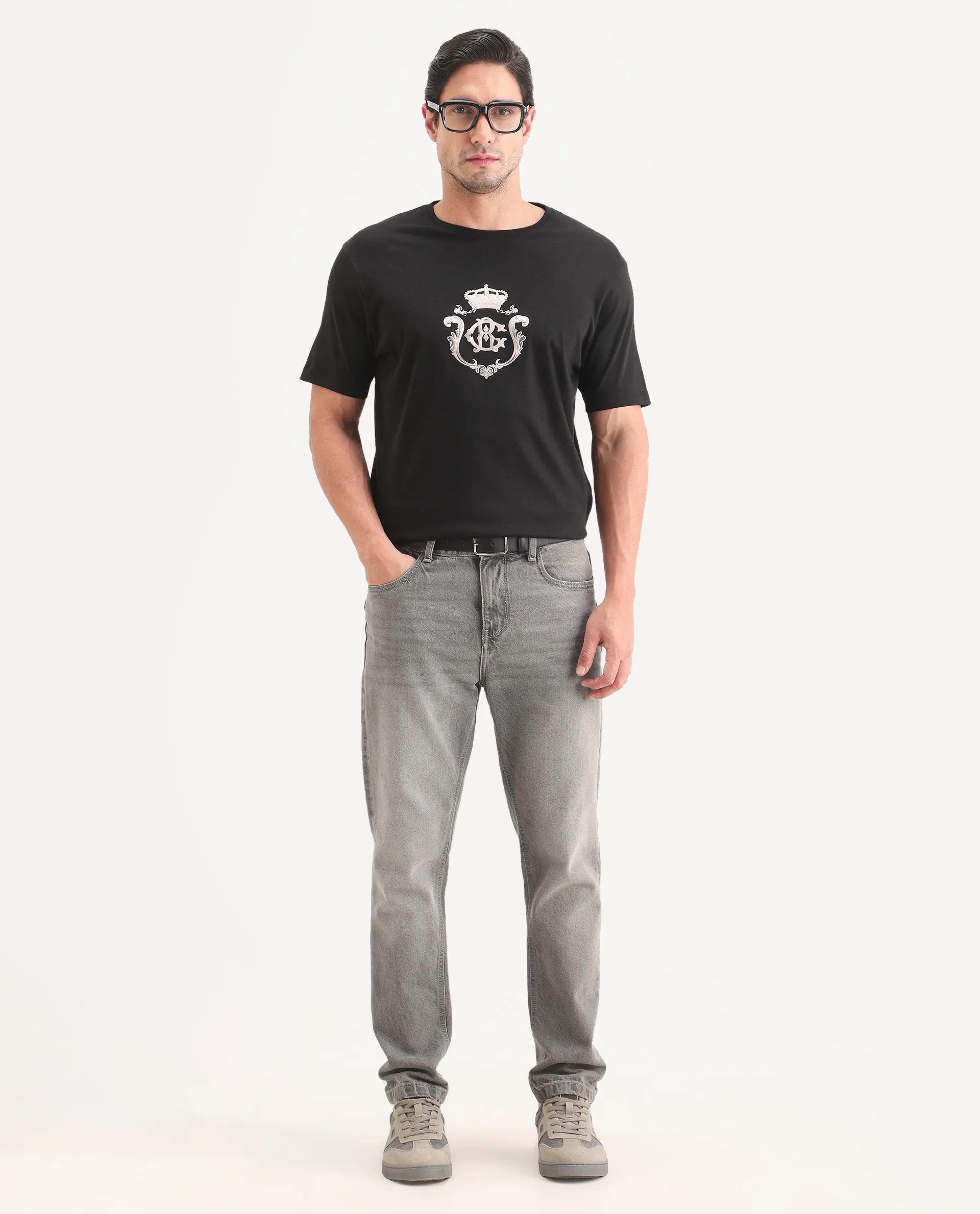 Rare Rabbit Men's Fein Black Cotton Fabric Half Sleeve Crew Neck Regular Fit Graphic Print T-Shirt - Image 2