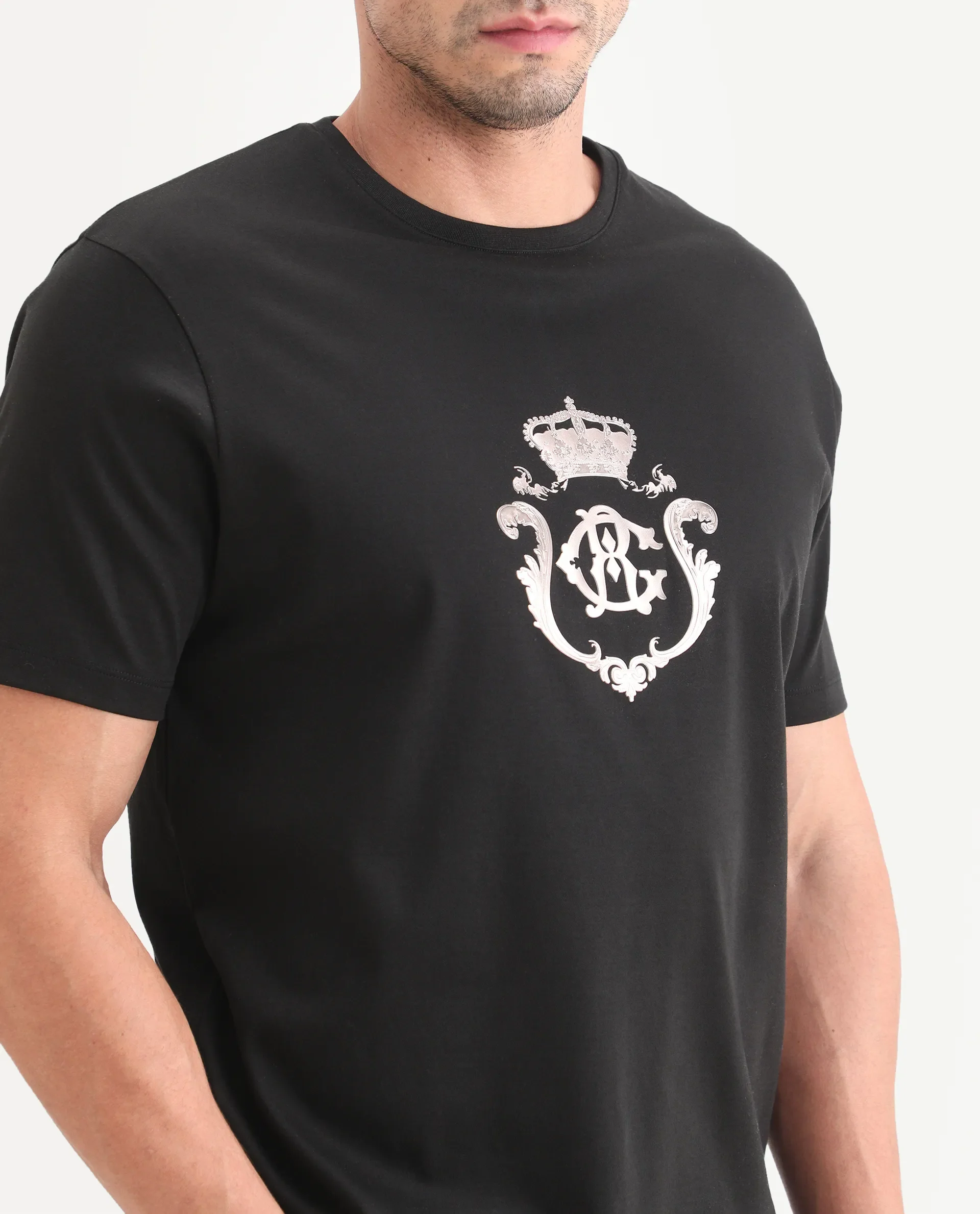 Rare Rabbit Men's Fein Black Cotton Fabric Half Sleeve Crew Neck Regular Fit Graphic Print T-Shirt - Image 3