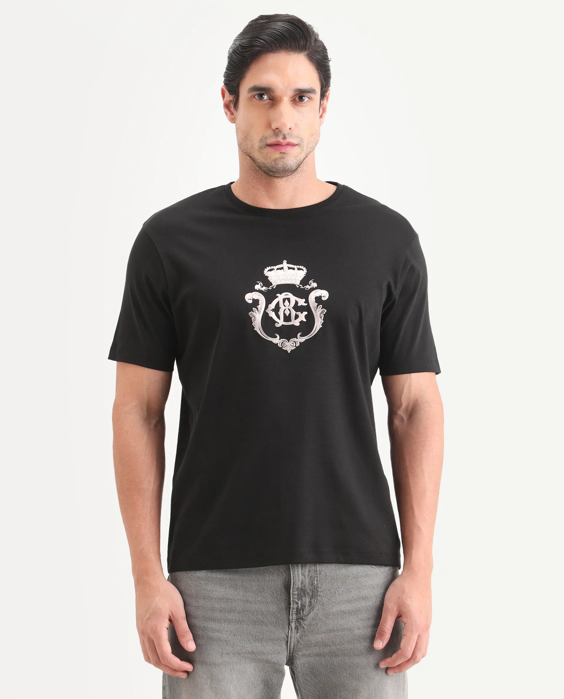 Rare Rabbit Men's Fein Black Cotton Fabric Half Sleeve Crew Neck Regular Fit Graphic Print T-Shirt - Image 4