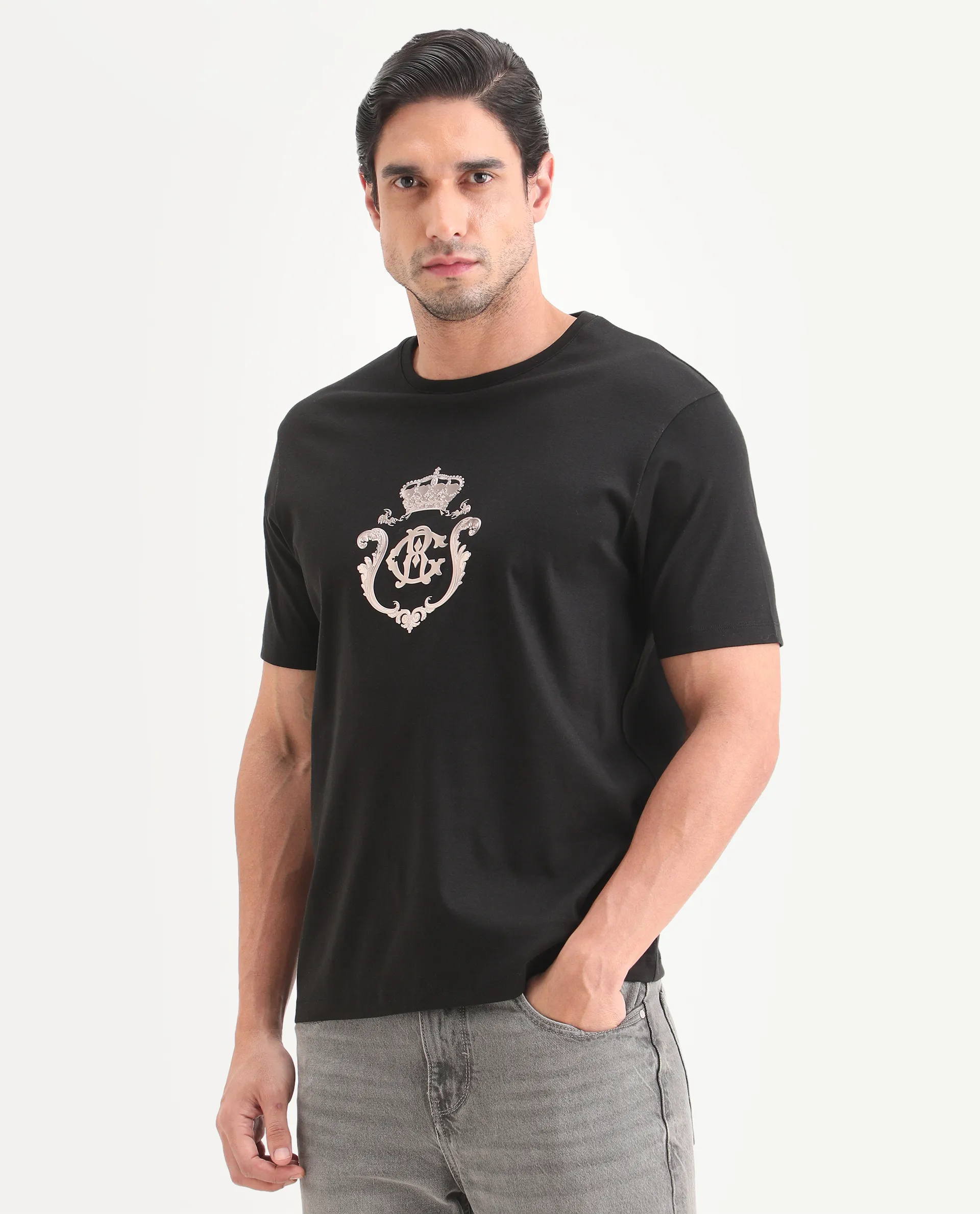 Rare Rabbit Men's Fein Black Cotton Fabric Half Sleeve Crew Neck Regular Fit Graphic Print T-Shirt - Image 5
