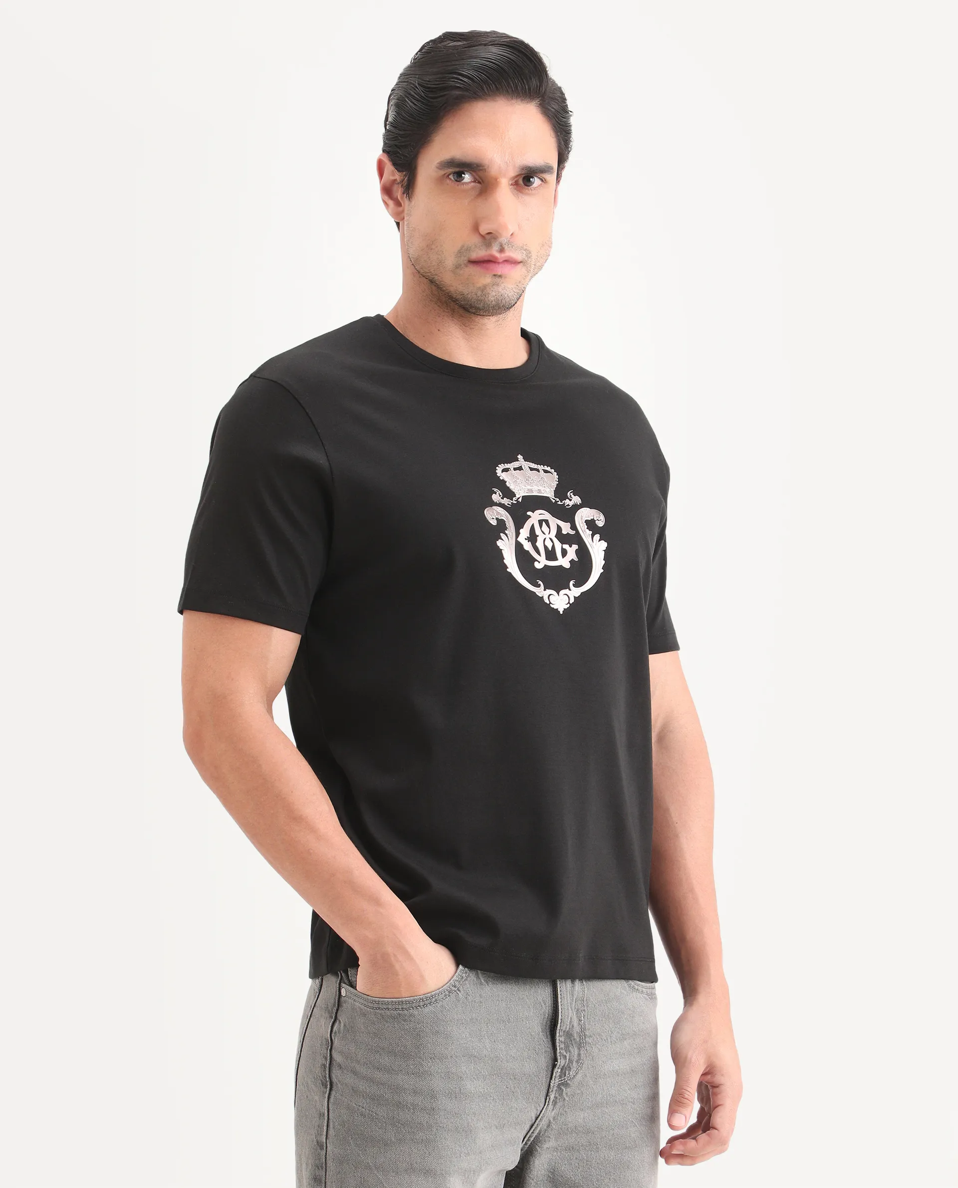 Rare Rabbit Men's Fein Black Cotton Fabric Half Sleeve Crew Neck Regular Fit Graphic Print T-Shirt - Image 6