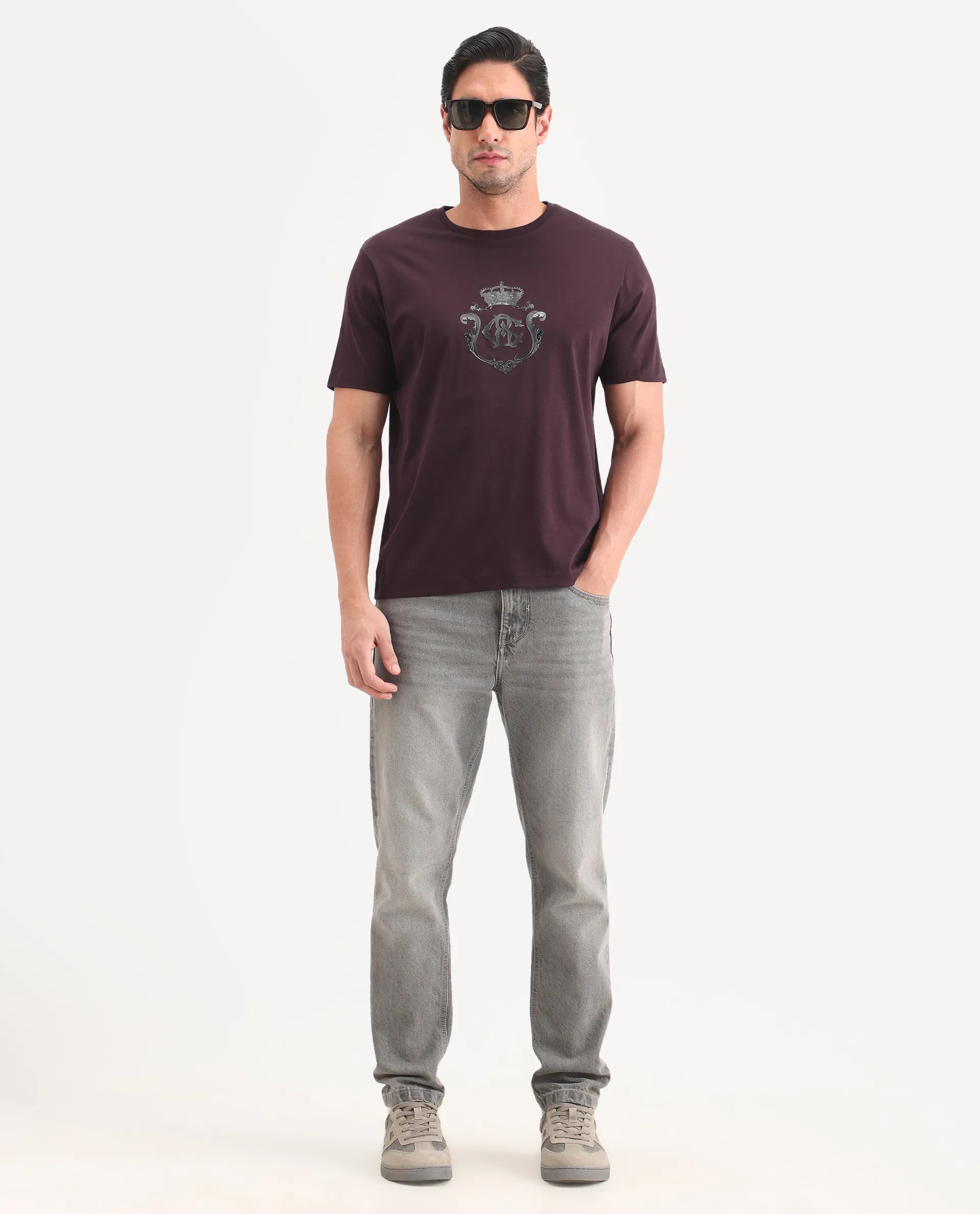 Rare Rabbit Men's Fein Maroon Cotton Fabric Half Sleeve Crew Neck Regular Fit Graphic Print T-Shirt - Image 2