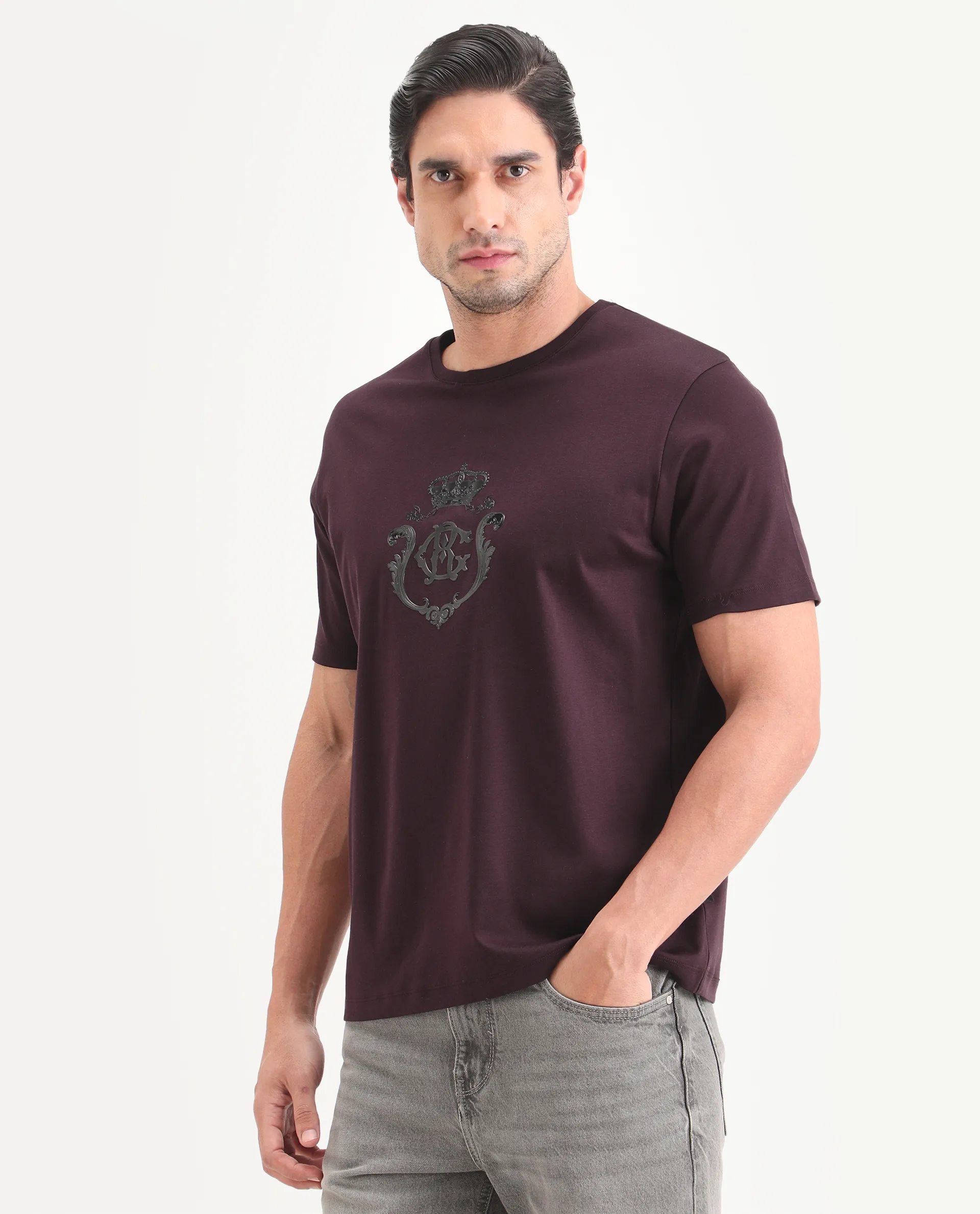 Rare Rabbit Men's Fein Maroon Cotton Fabric Half Sleeve Crew Neck Regular Fit Graphic Print T-Shirt - Image 4