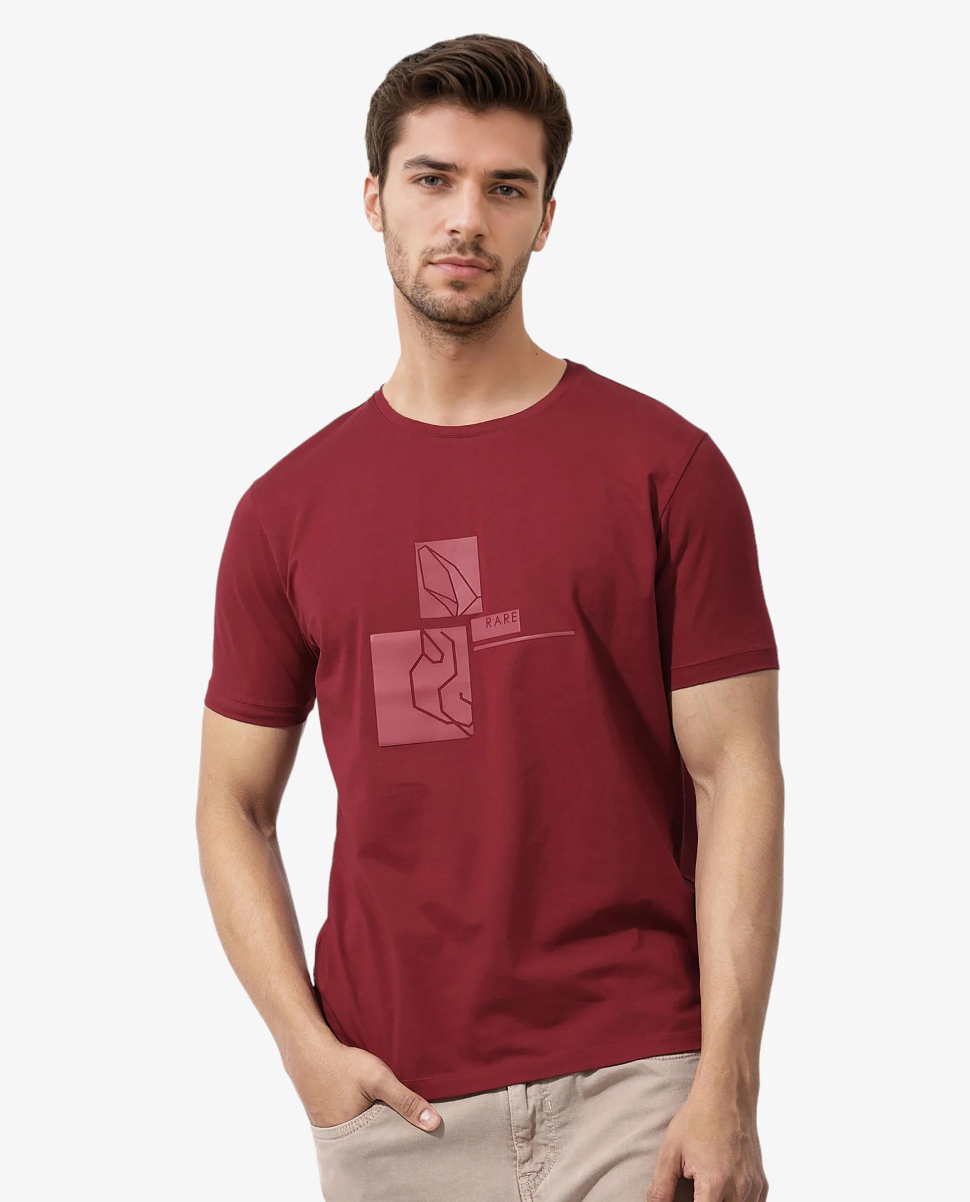Rare Rabbit Men's Feine Red Cotton Blend Graphic Print Regular Fit Half Sleeve Crew Neck T-Shirt