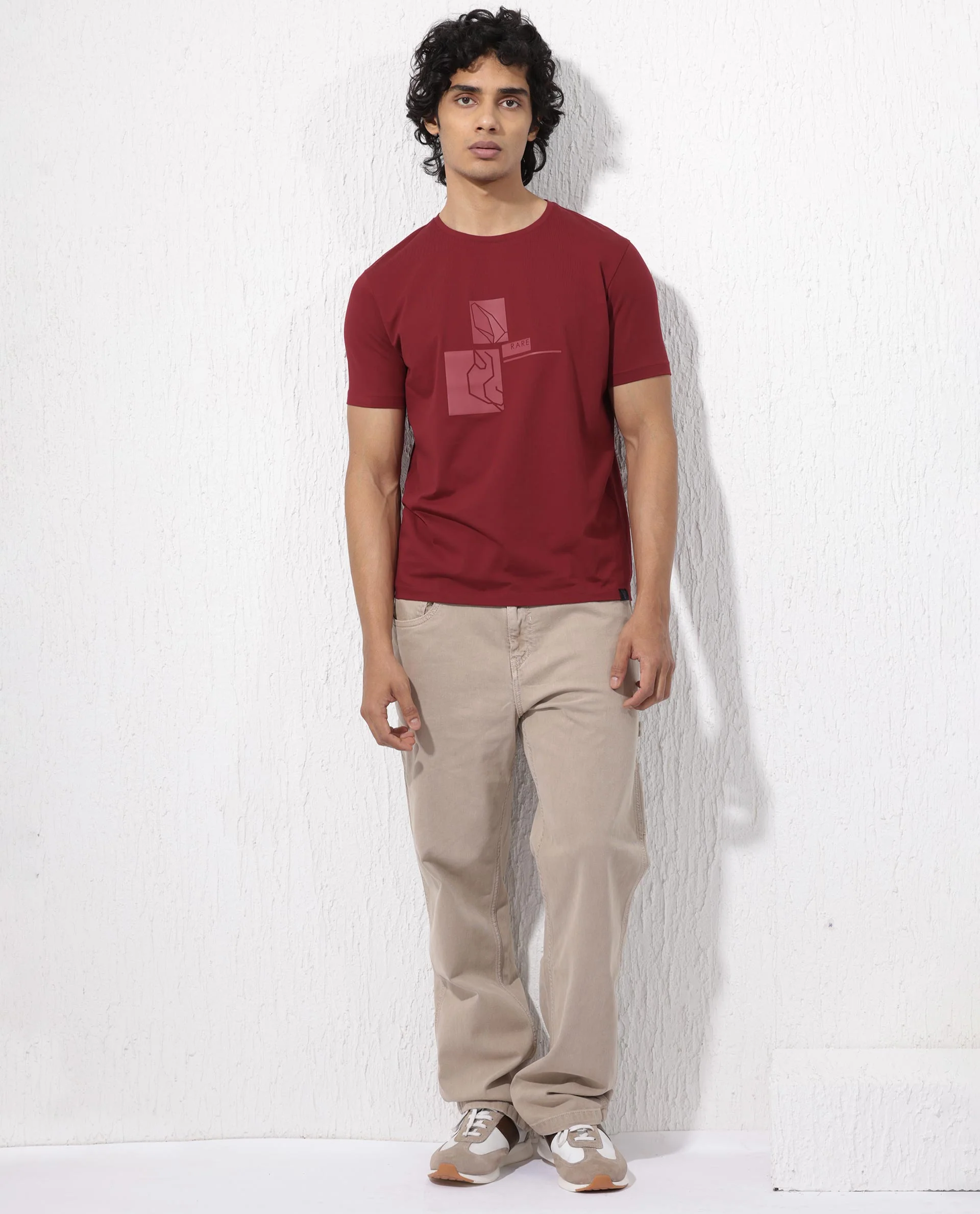 Rare Rabbit Men's Feine Red Cotton Blend Graphic Print Regular Fit Half Sleeve Crew Neck T-Shirt - Image 2